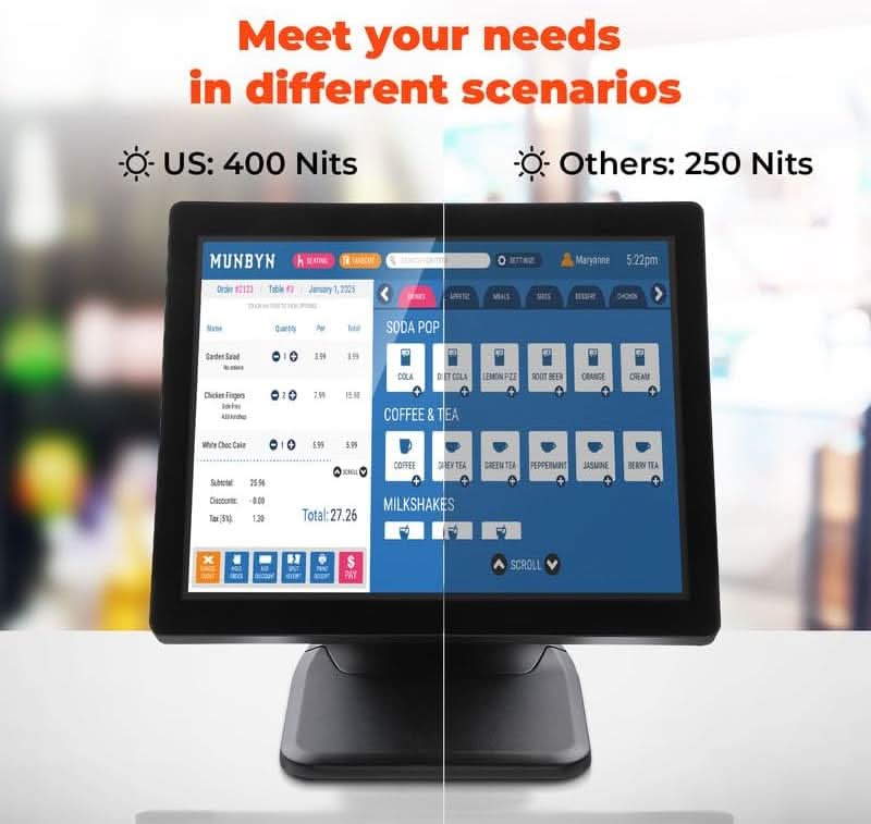 MUNBYN POS touchscreen monitor with sleek black display and user interface, designed for retail and point-of-sale systems.