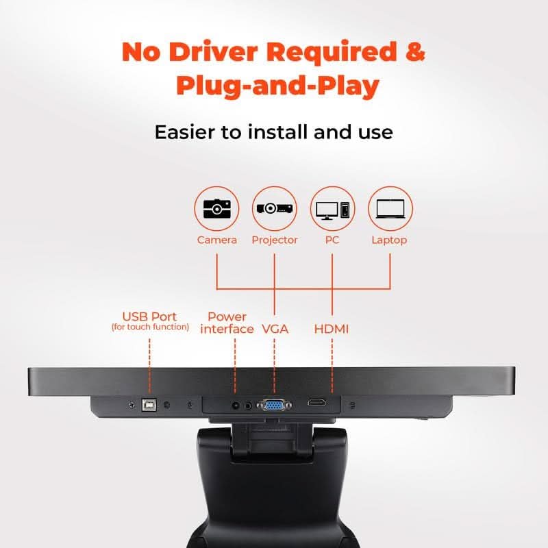 MUNBYN POS touchscreen monitor with sleek black display, user interface visible, designed for retail or restaurant point-of-sale systems.