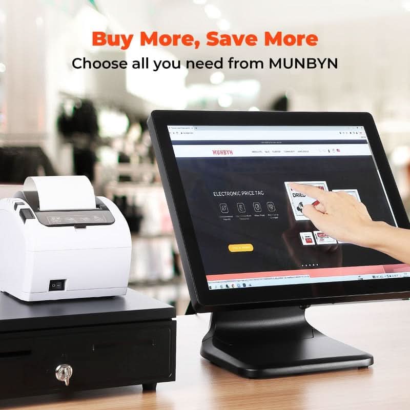 MUNBYN POS touchscreen monitor with sleek black display and user interface, designed for point-of-sale applications.
