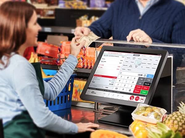 MUNBYN POS touchscreen monitor with sleek display, designed for retail point-of-sale systems, featuring a modern touch screen interface.