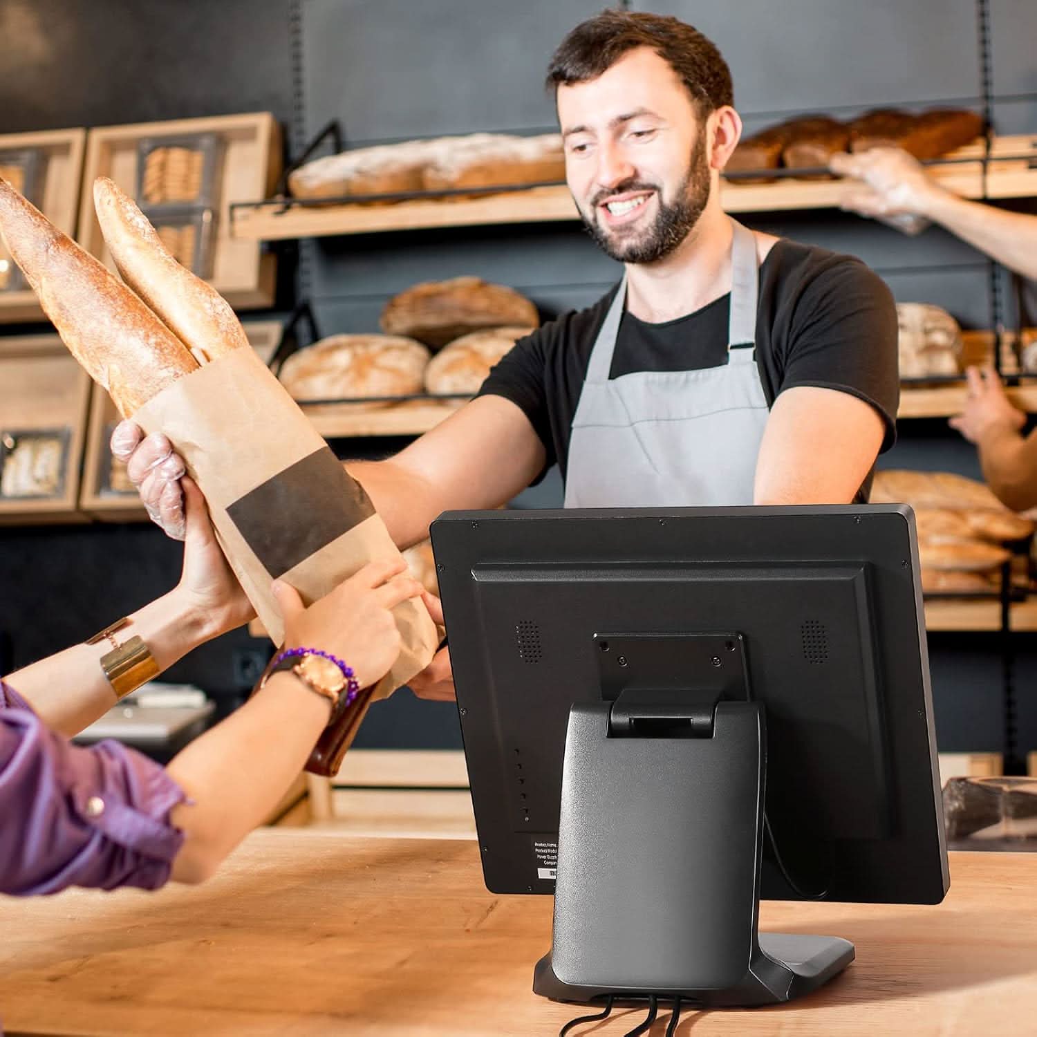 MUNBYN POS touchscreen monitor with sleek black display and user-friendly interface for retail or restaurant use