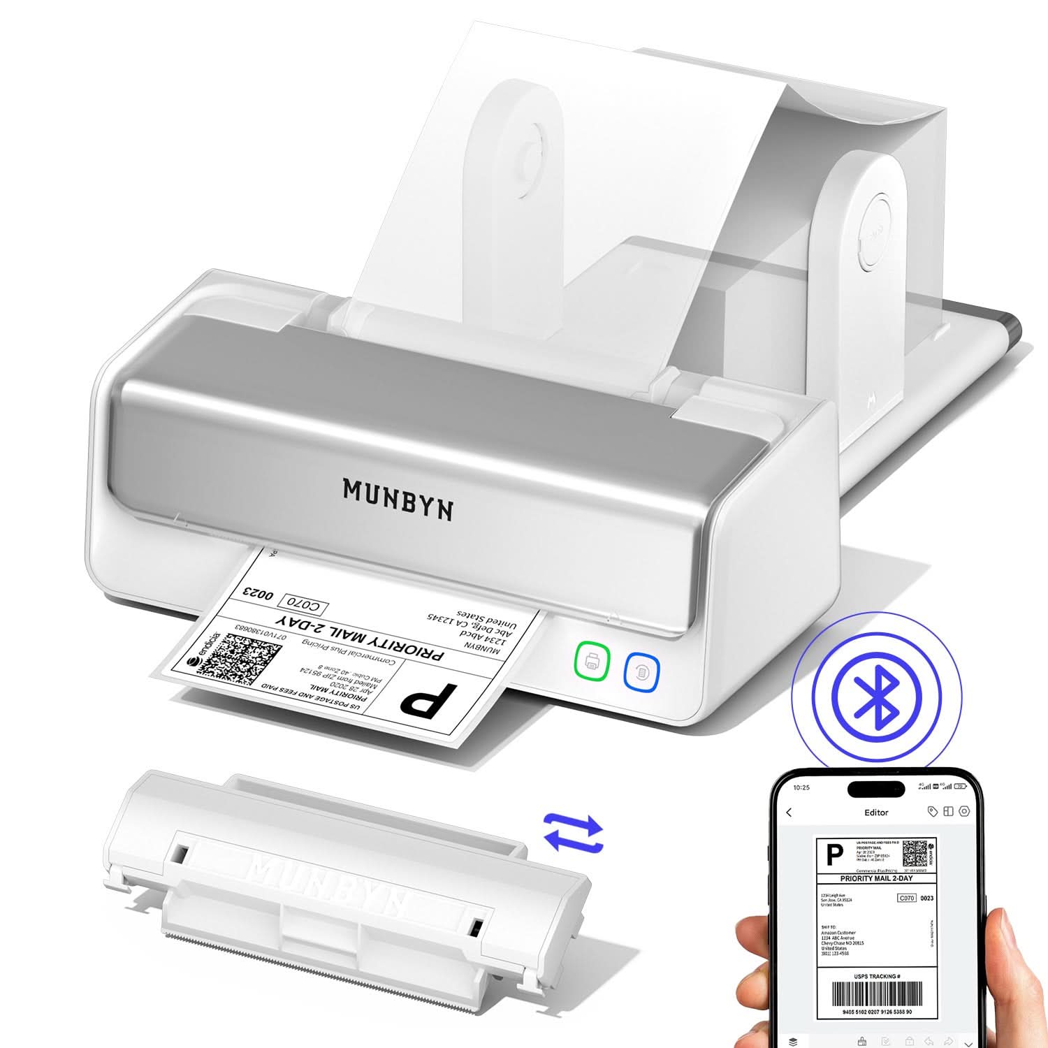 MUNBYN Test RealWriter 405B thermal label printer with black and white design and connected cables on a work surface.