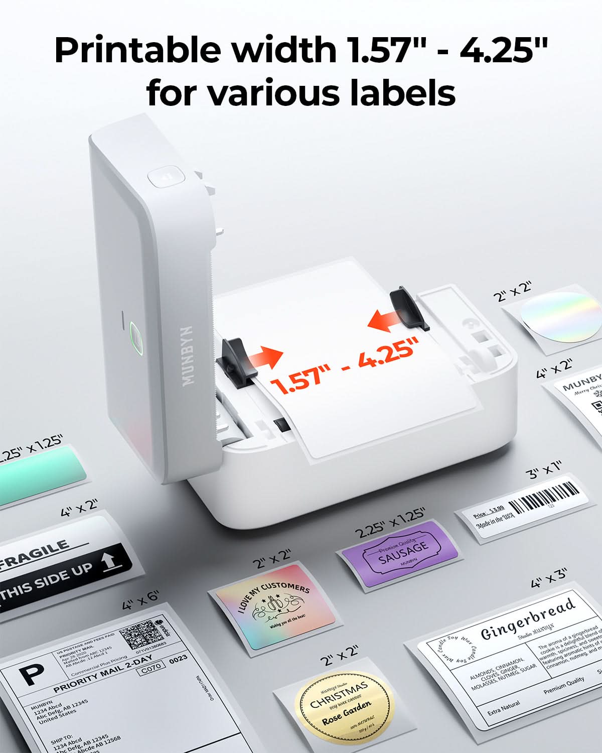 MUNBYN RealWriter 403B thermal label printer with compact design, showing the printer's front and paper loading area.