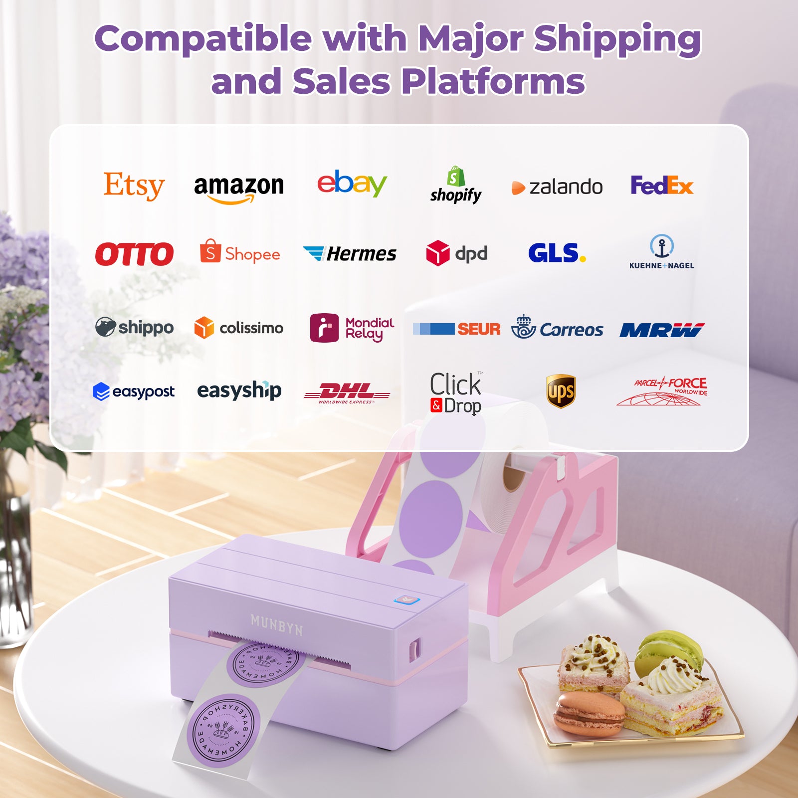 MUNBYN RealWriter 130B thermal label printer kit with printer, power cable, and accessories for shipping and labeling.