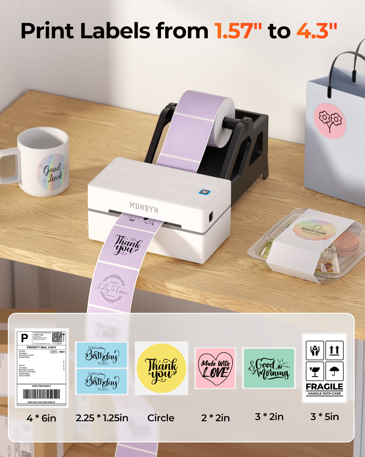 MUNBYN RealWriter 130B thermal label printer kit with black and white printer and accessories for efficient label printing.