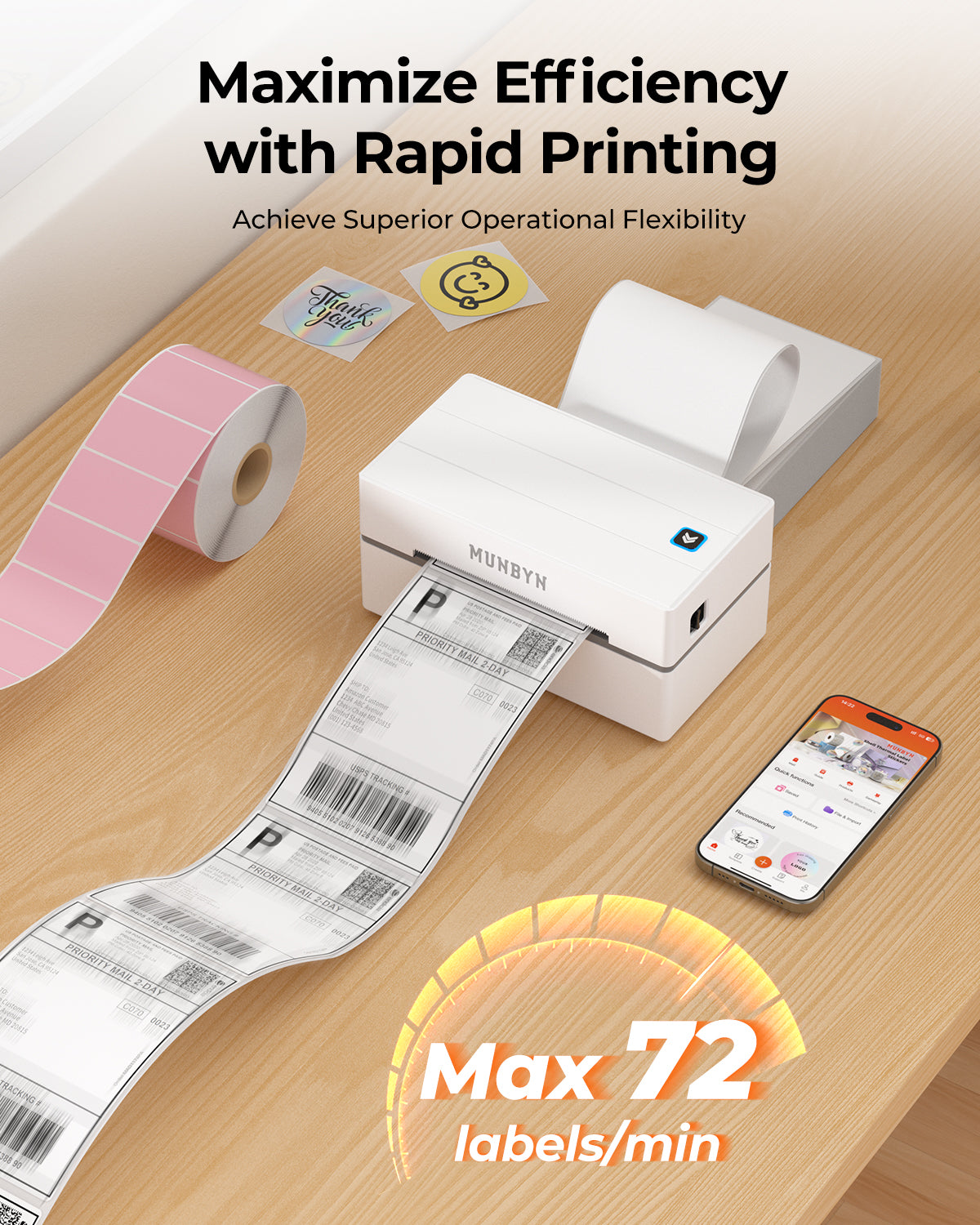 MUNBYN RealWriter 130B thermal label printer kit with black and white design, compact and ready for shipping label printing.