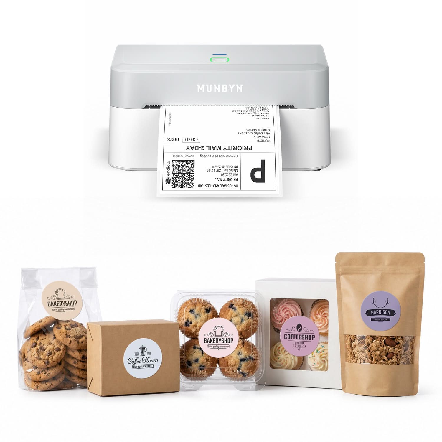MUNBYN RealWriter 403B Bluetooth Printer & Morandi Labels Bakery Packaging Starter Kit