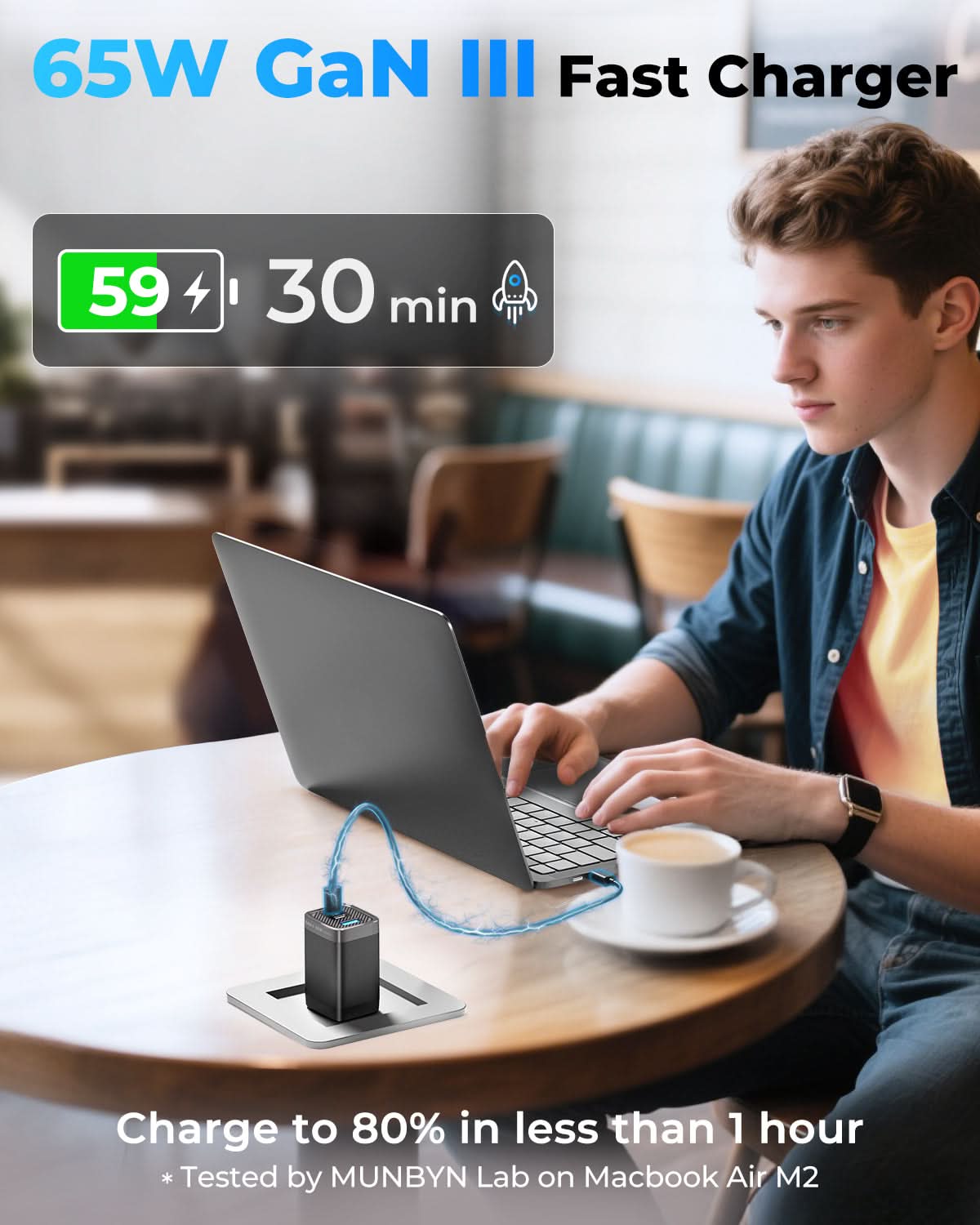 MUNBYN NexGo™ 65W GaN III 3-Port USB C Charger Block