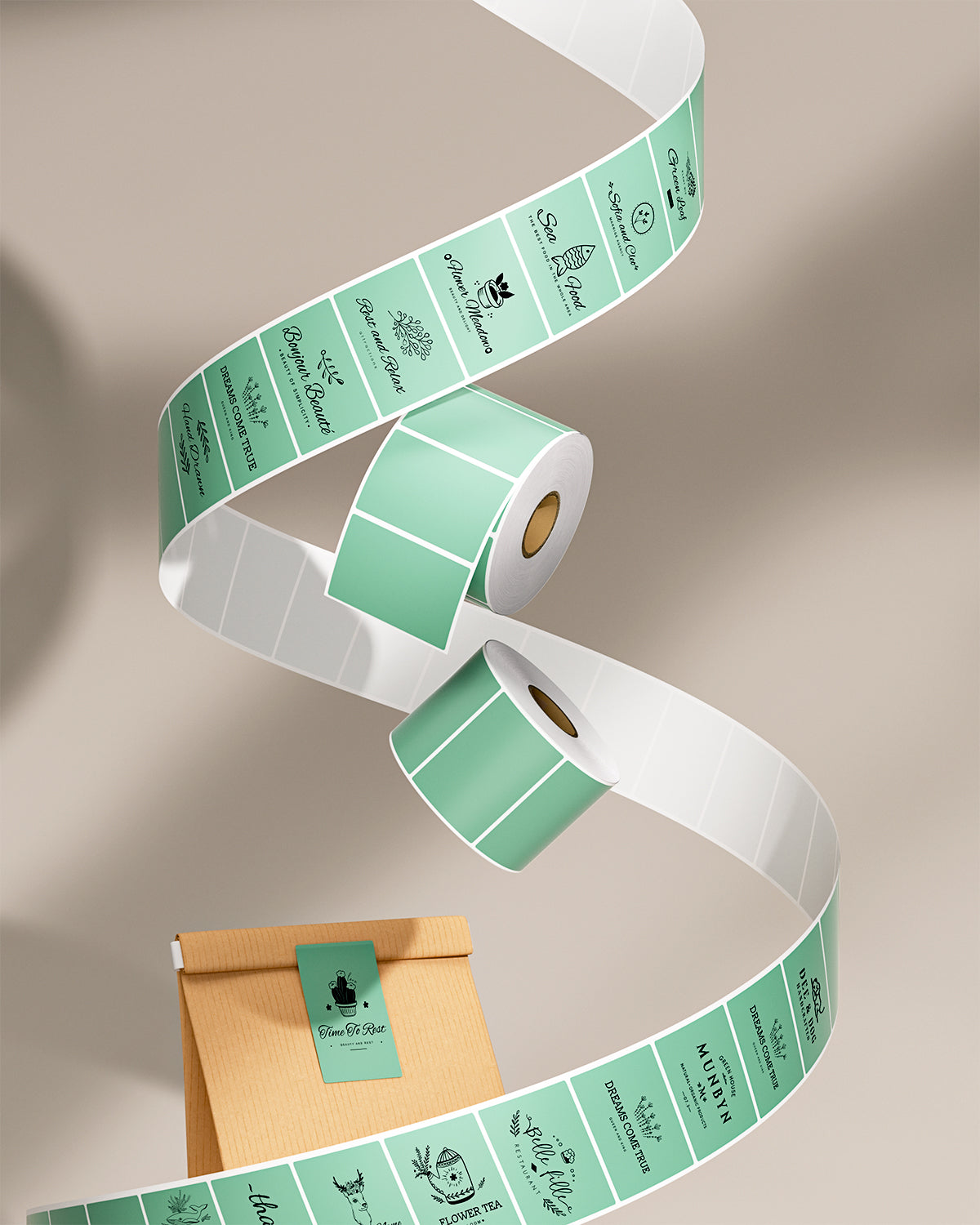 Green rectangular labels printed on MUNBYN label printer paper, measuring 2.25 by 1.25 inches.
