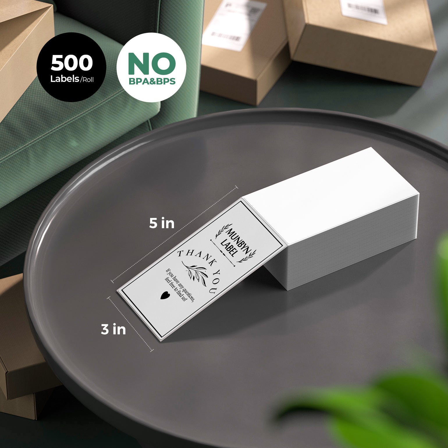 White 3x5 inch label printer paper sheets from MUNBYN, blank generic labels for printing address or product information.