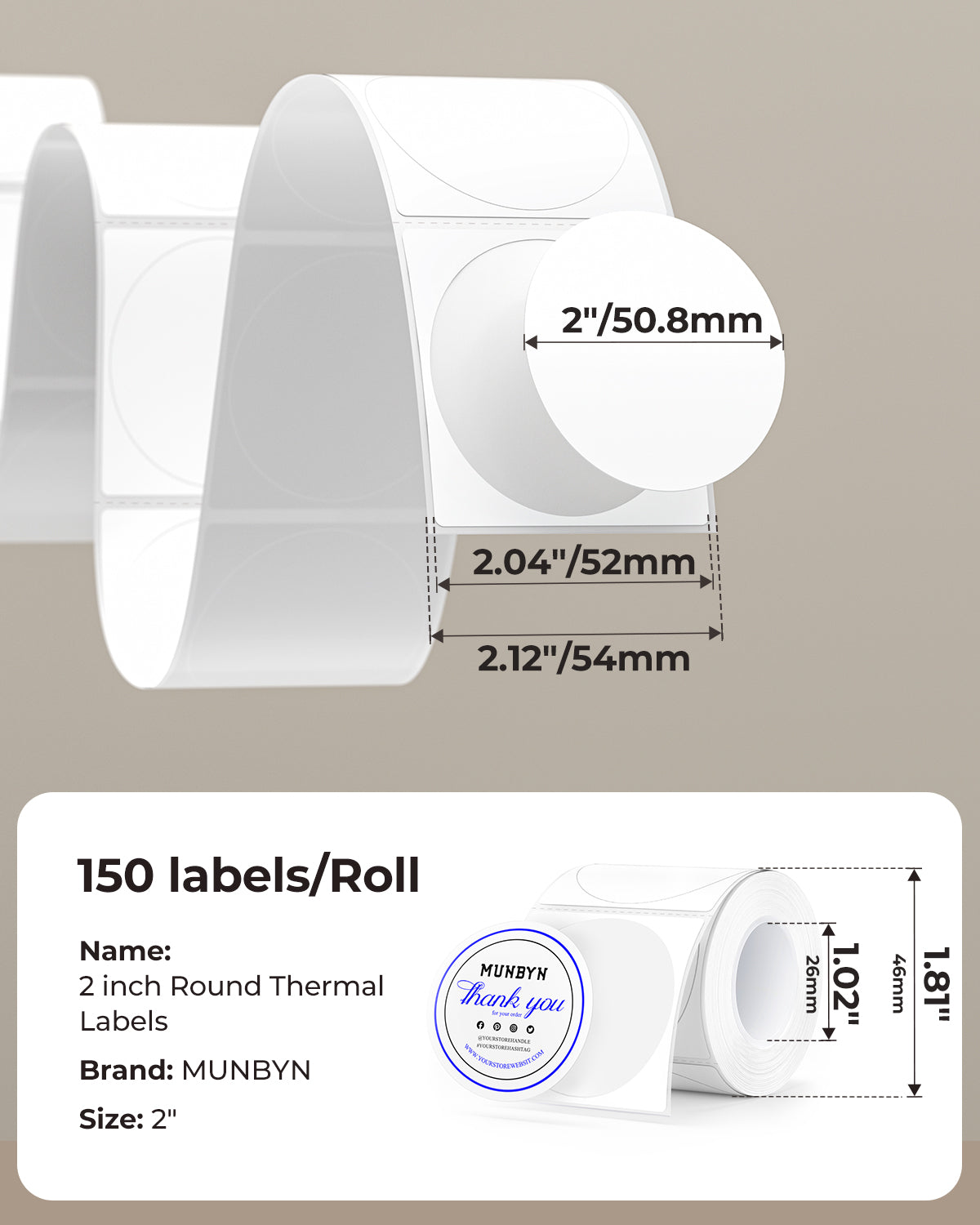 MUNBYN 2" Round Dual Color Blue&Black Thermal Labels 150/Roll