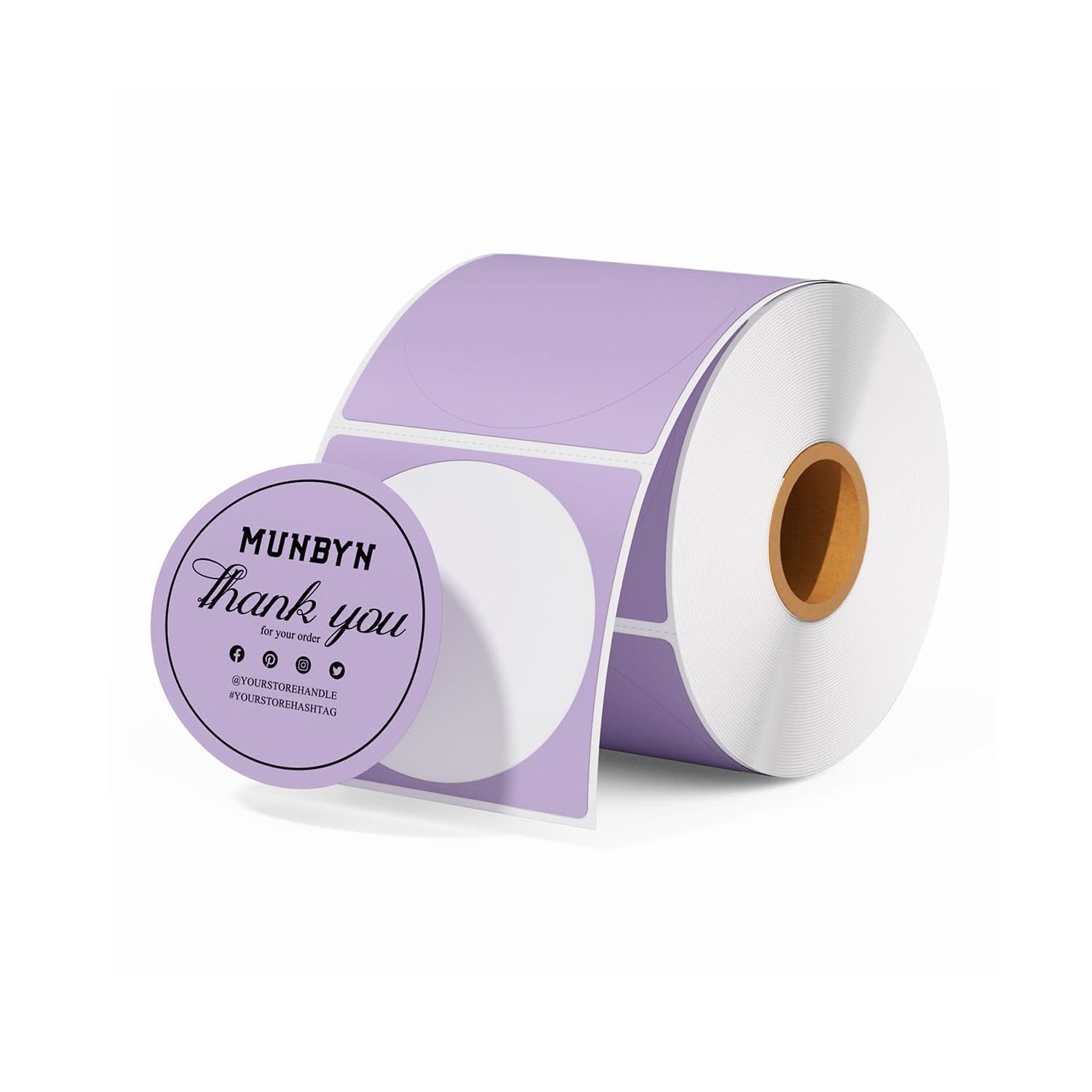 Two-inch round labels printed on MUNBYN label printer paper, showing neatly arranged circular label sheets.