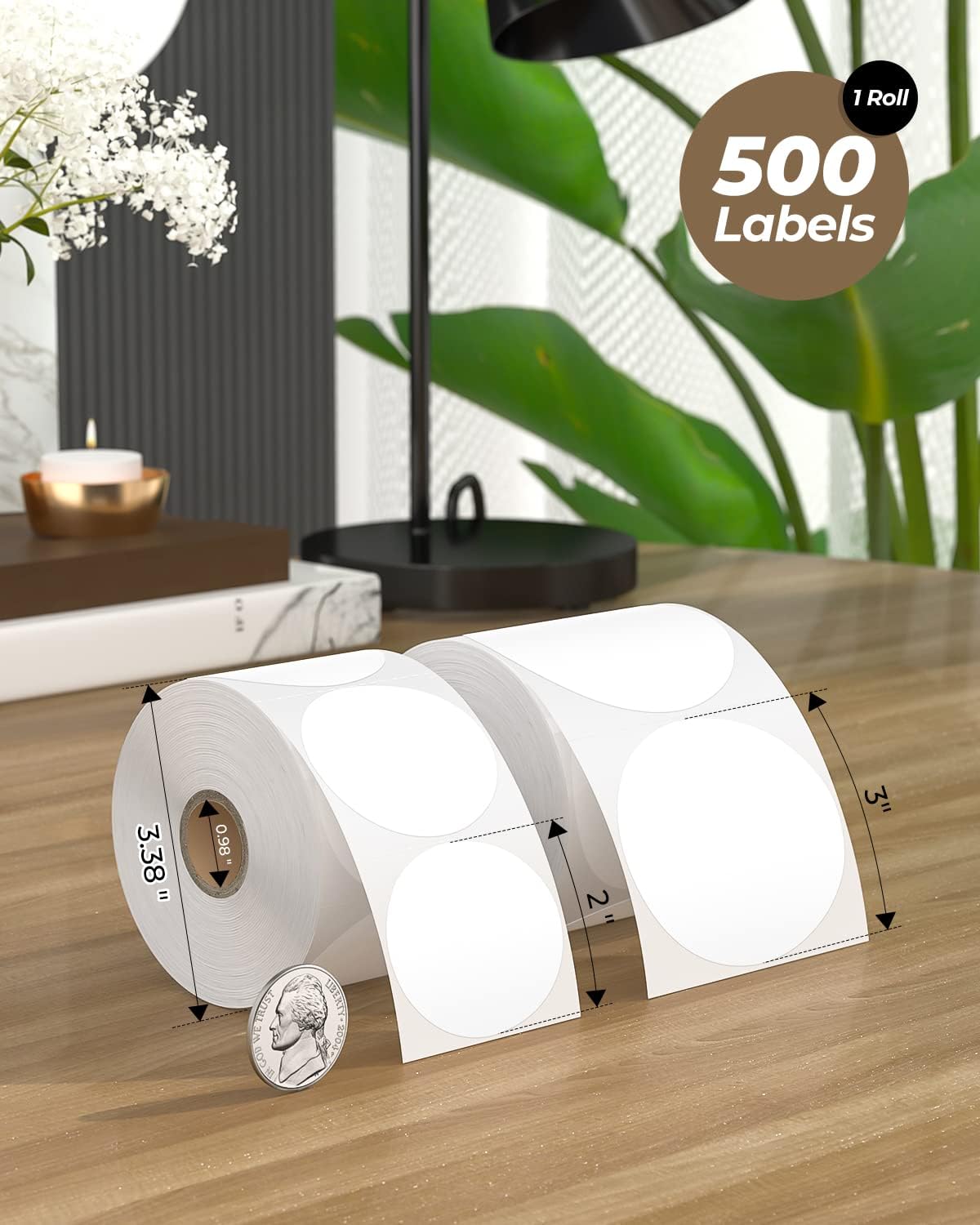 White 3-inch circle labels printed on MUNBYN label printer paper, showing smooth edges and clean design.