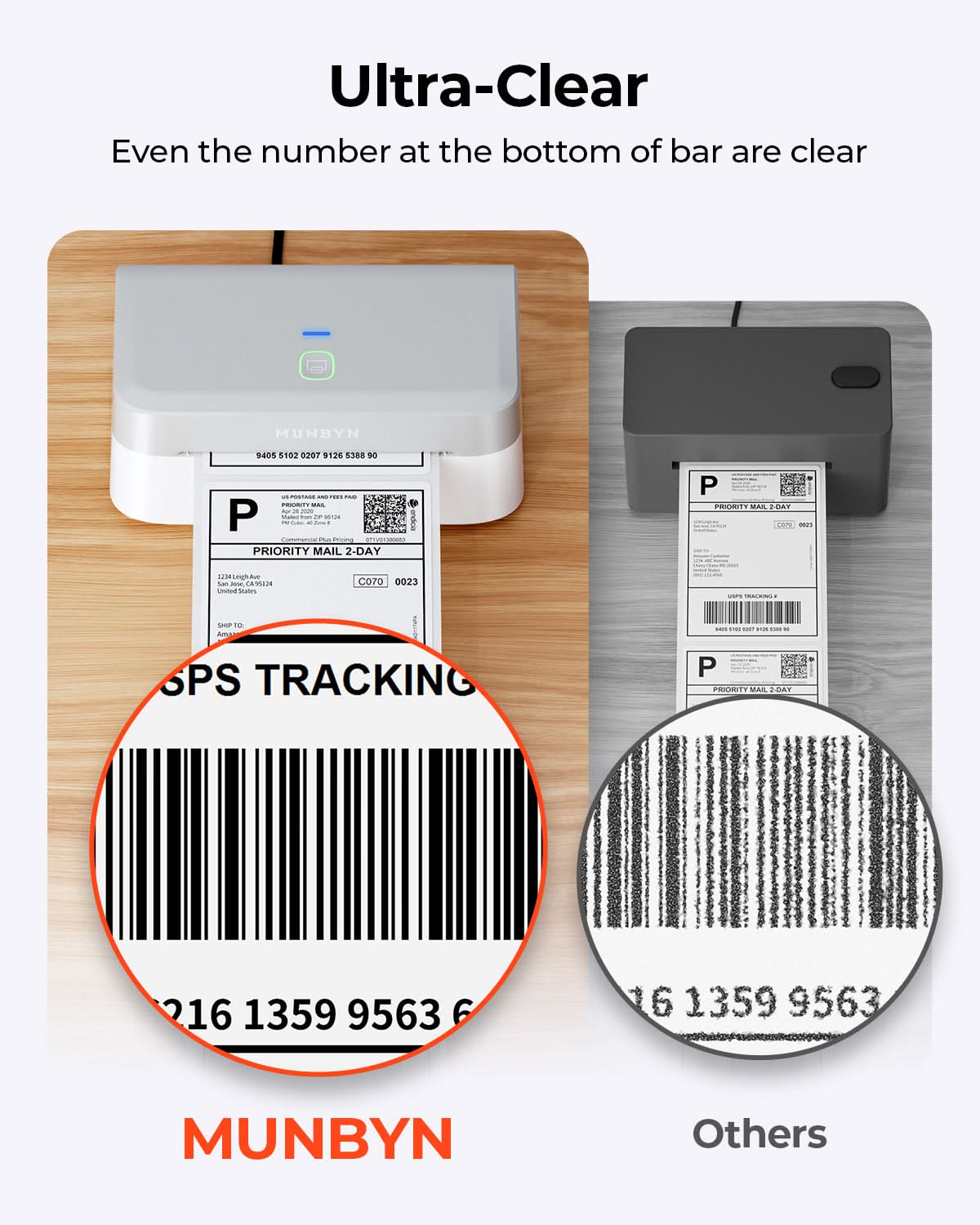MUNBYN RealWriter 403B thermal label printer with paper roll and control buttons on front, used for printing shipping labels.