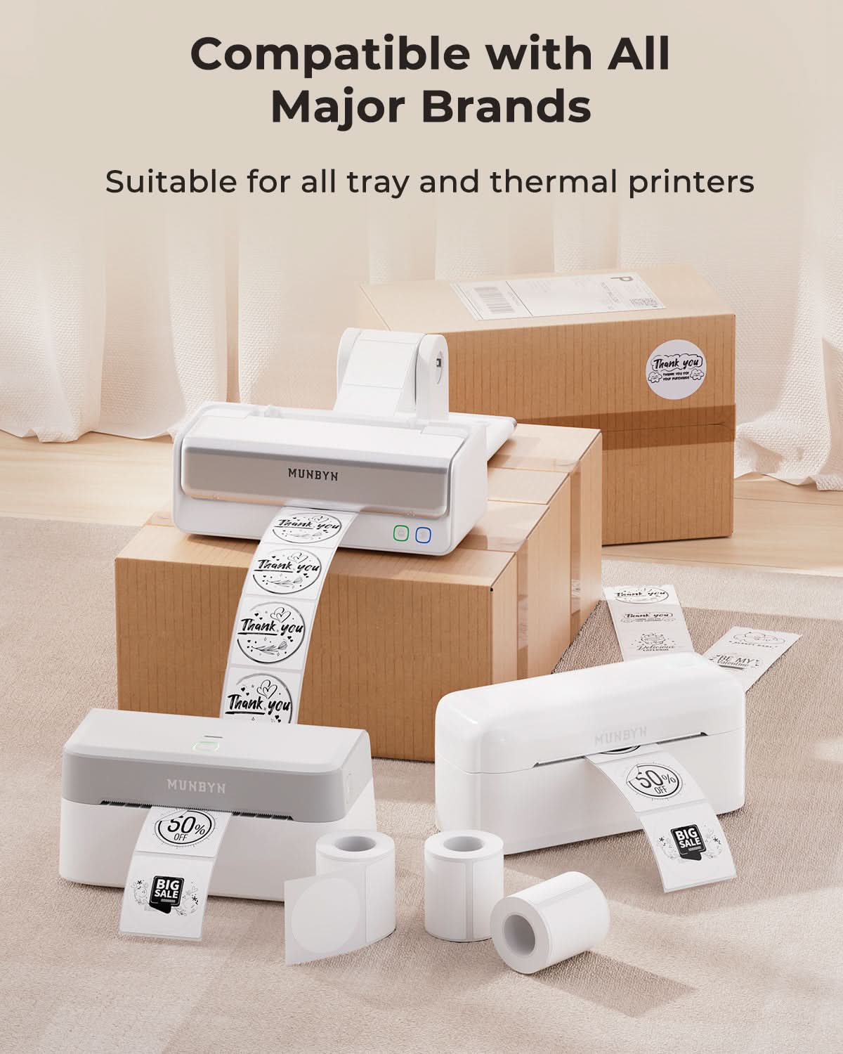 White 2-inch circle labels printed on MUNBYN label printer paper, ready for use in various organization and labeling tasks.