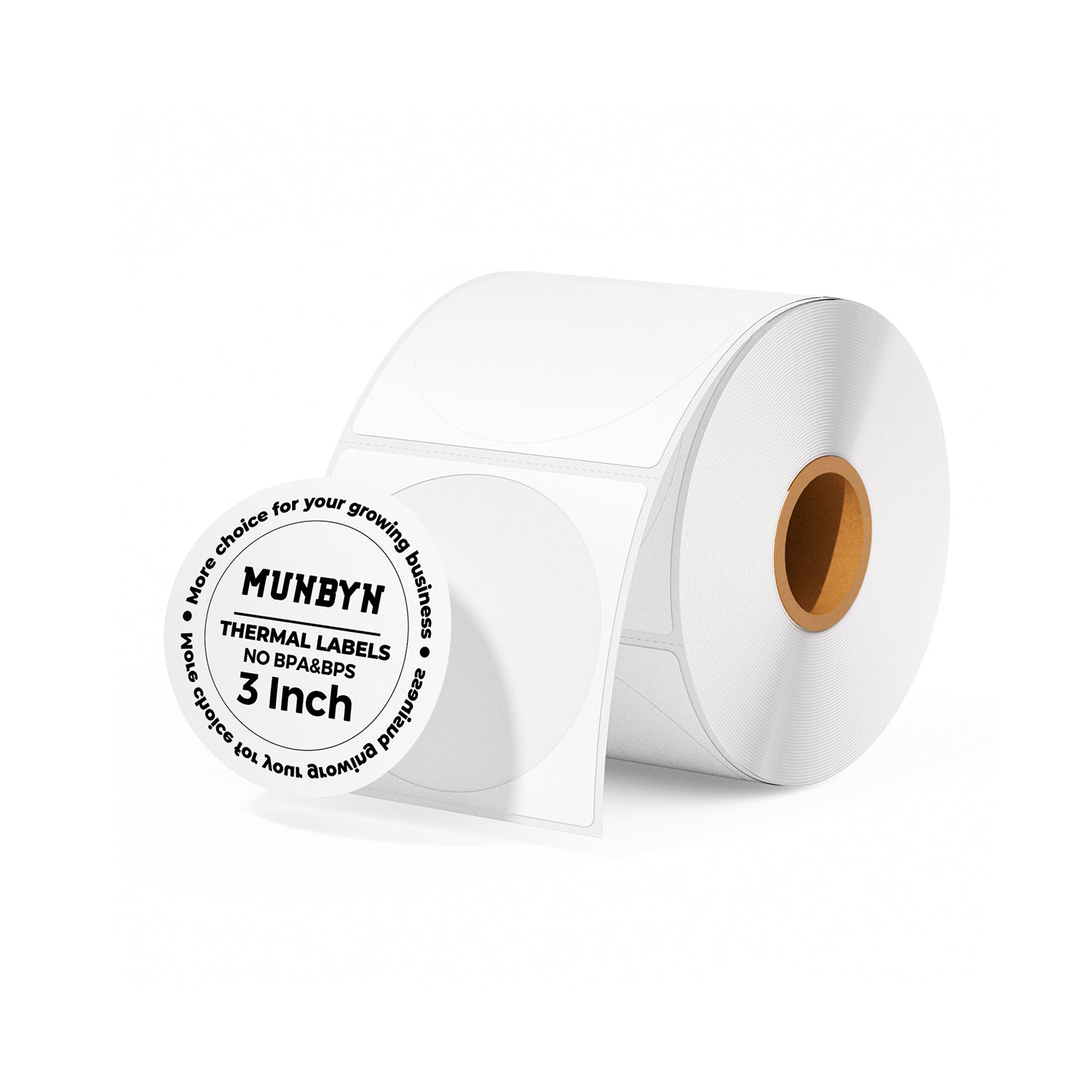 White 3-inch circle labels on label printer paper from MUNBYN, arranged in a sheet for easy printing and labeling.