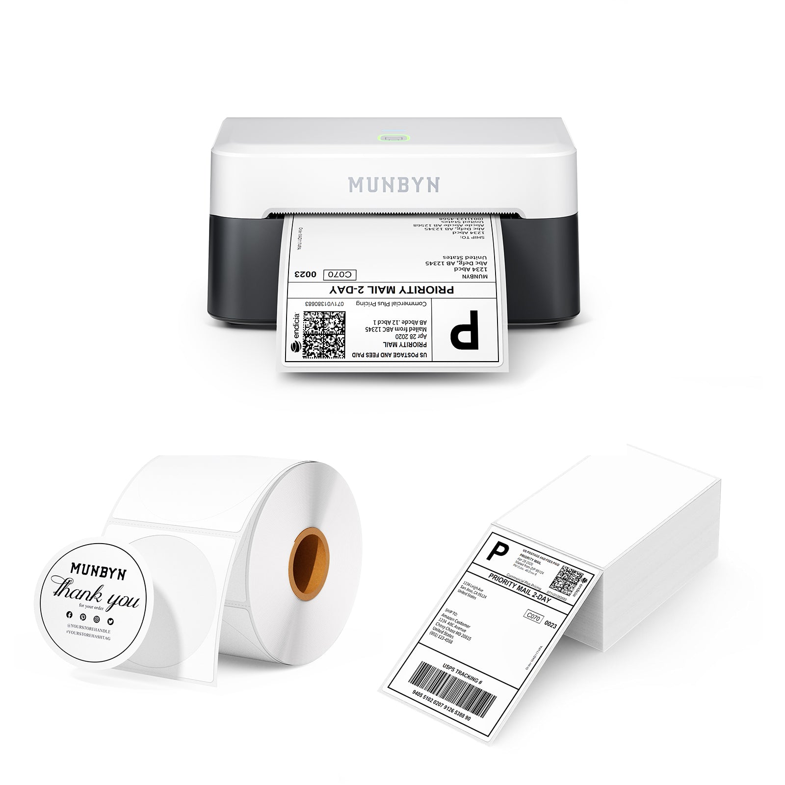 MUNBYN RealWriter 403B thermal label printer kit with compact printer and accessories for efficient label printing.