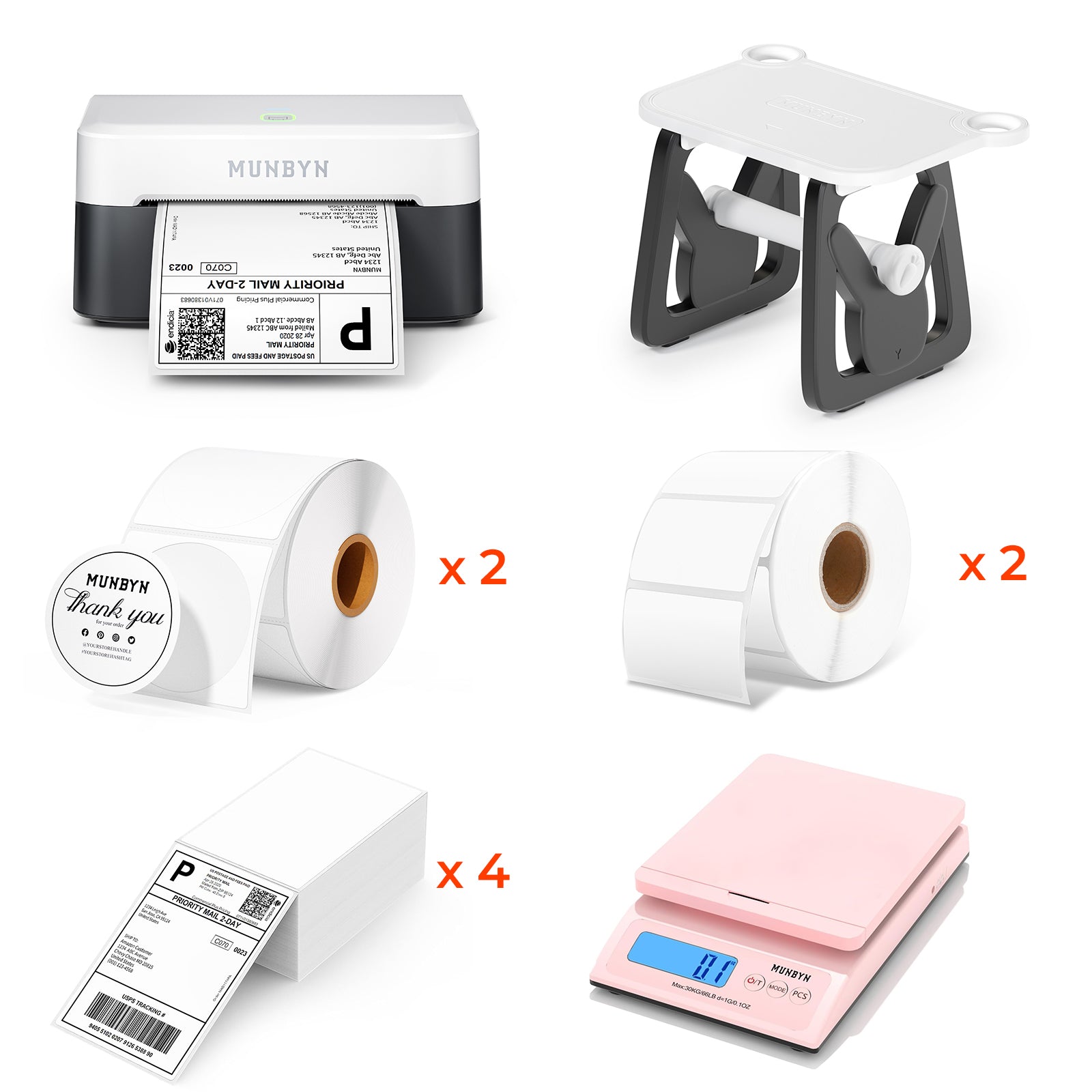 MUNBYN RealWriter 403B thermal label printer kit with printer, power cord, and accessories on a white background.
