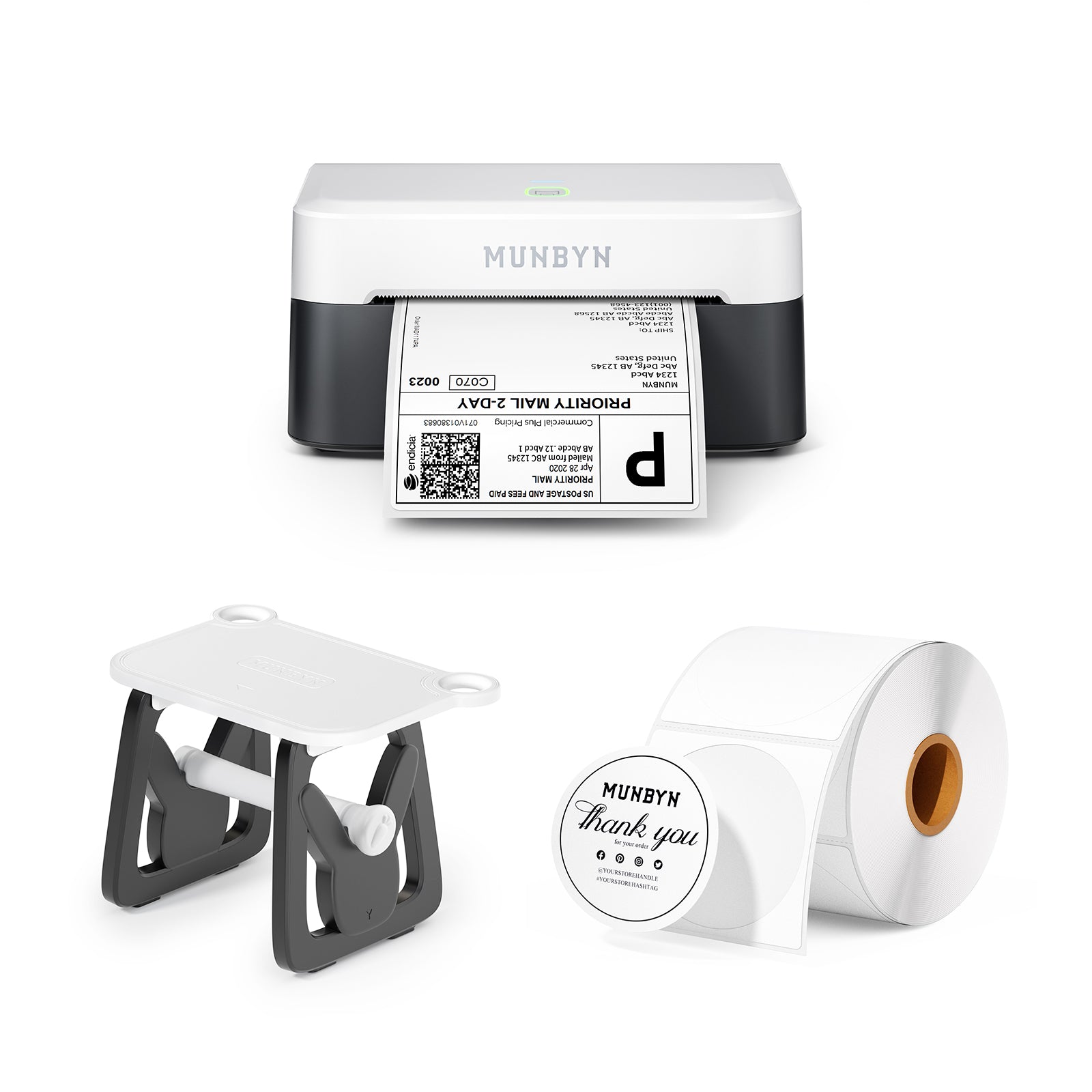 MUNBYN RealWriter 403B thermal label printer kit with printer, power adapter, and accessories for efficient label printing.