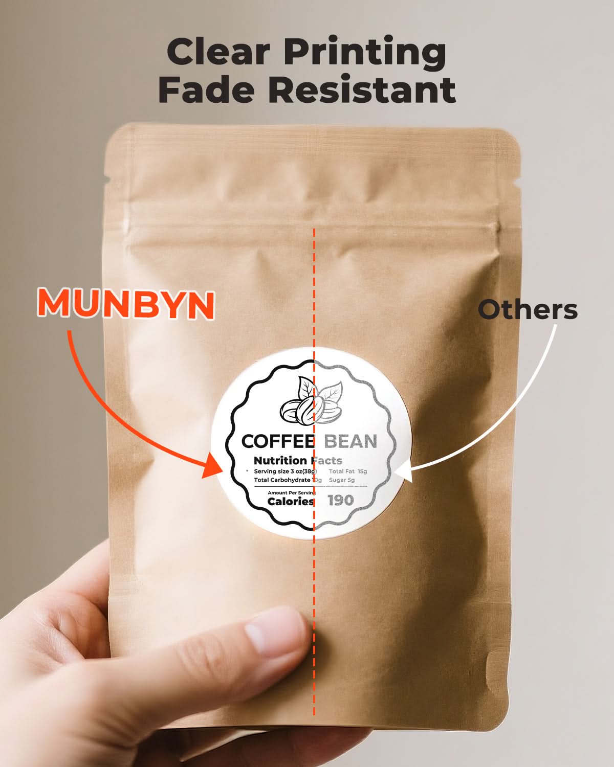 Close-up of five 2-inch MUNBYN circle labels printed on label printer paper with a white background.