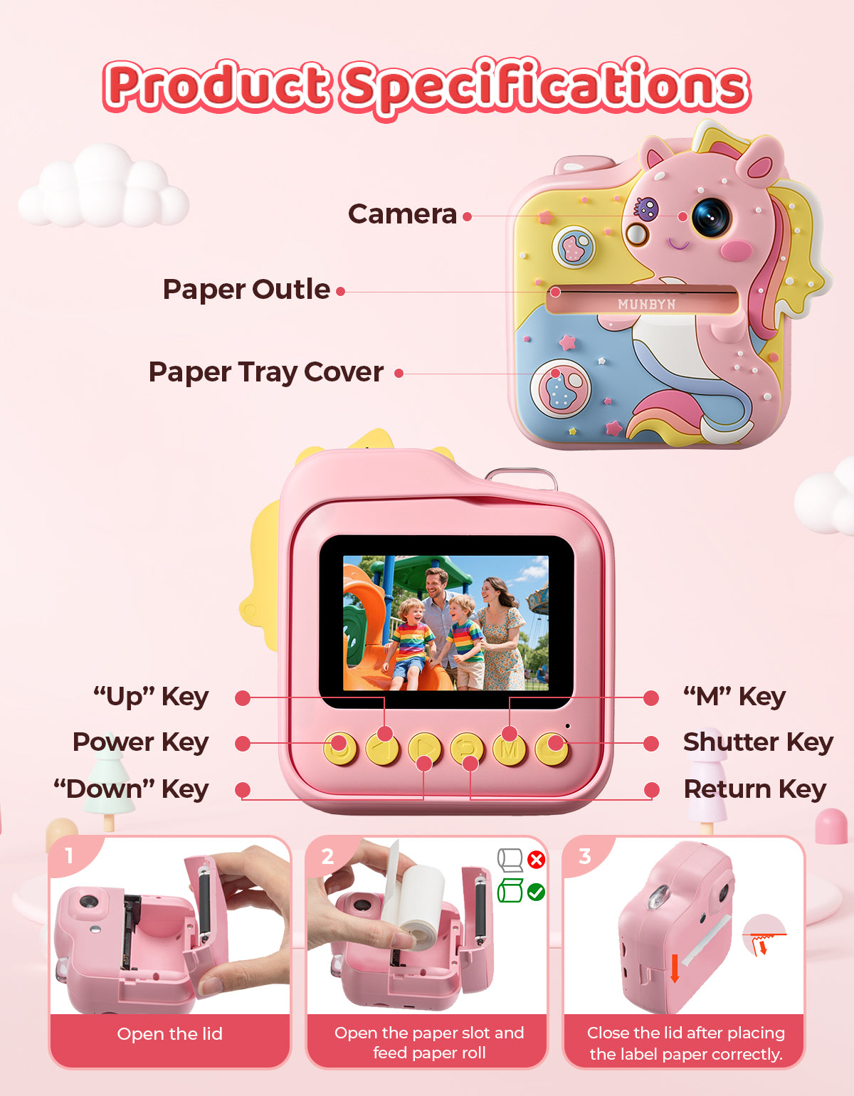 MUNBYN Kids Instant Print Camera 4-Color Thermal Printer