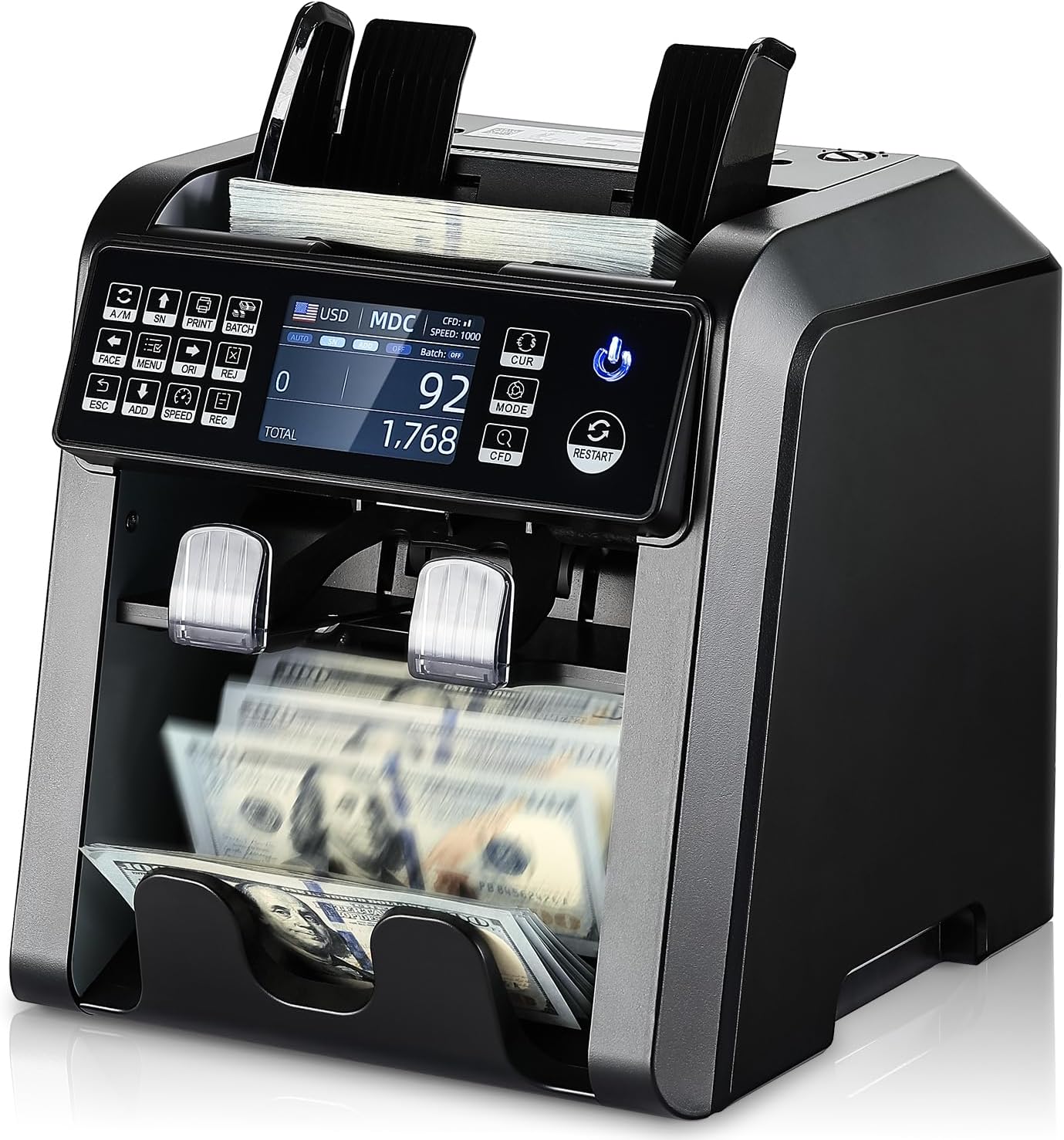 MUNBYN IMC08 Bank-Grade Money Counter: Two-Pocket Design, Mixed Denomination Counting & 12-Point Counterfeit Detection