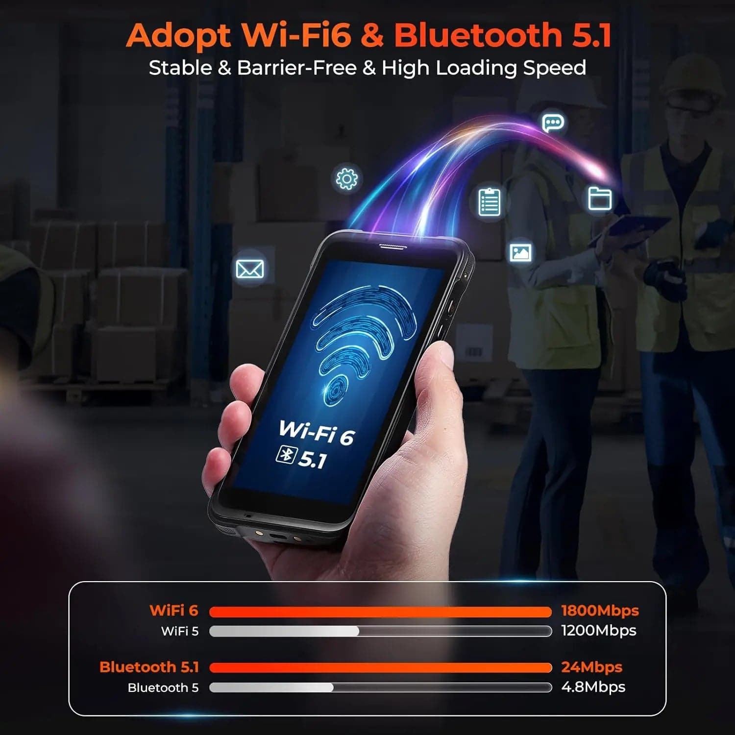 MUNBYN IPDA101 Android barcode scanner with ergonomic design and scanning button, suitable for retail and inventory management.