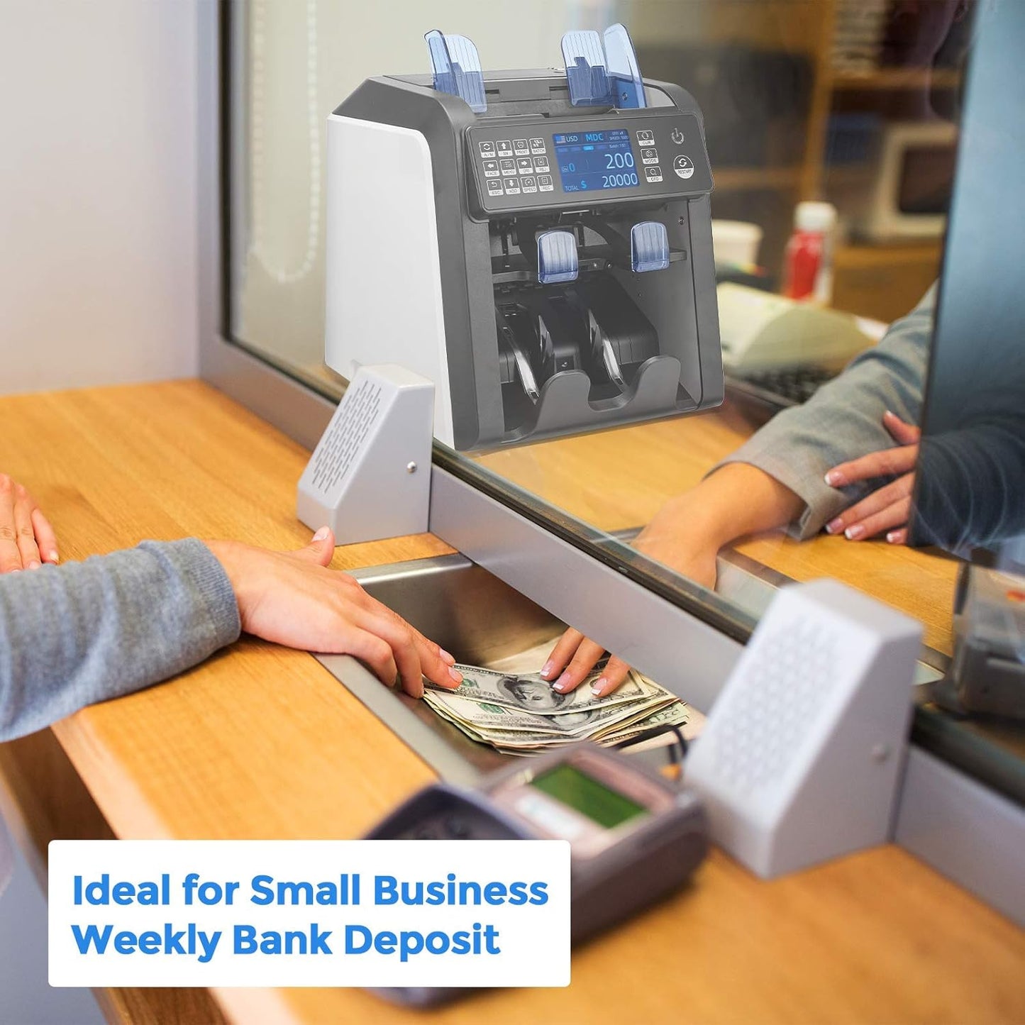 MUNBYN IMC08 Bank-Grade Money Counter: Two-Pocket Design, Mixed Denomination Counting & 12-Point Counterfeit Detection