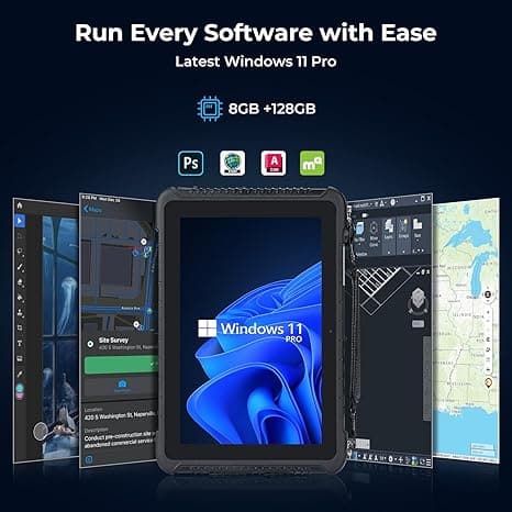 MUNBYN IRT08 Windows scanner tablet with touchscreen display and barcode scanner functionality, shown in a close-up view.
