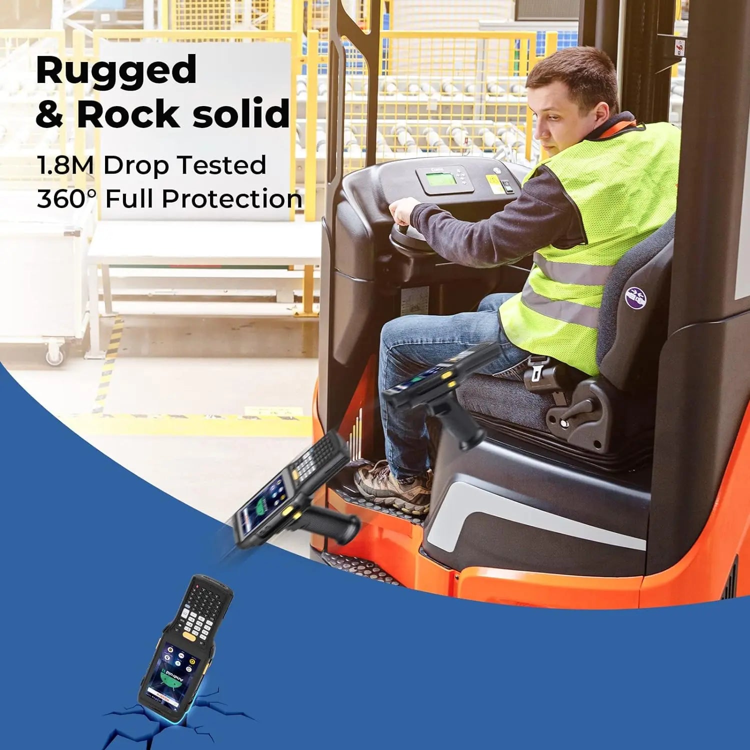 MUNBYN IPDA088P Android barcode scanner with ergonomic design and digital display, used for retail and inventory management.