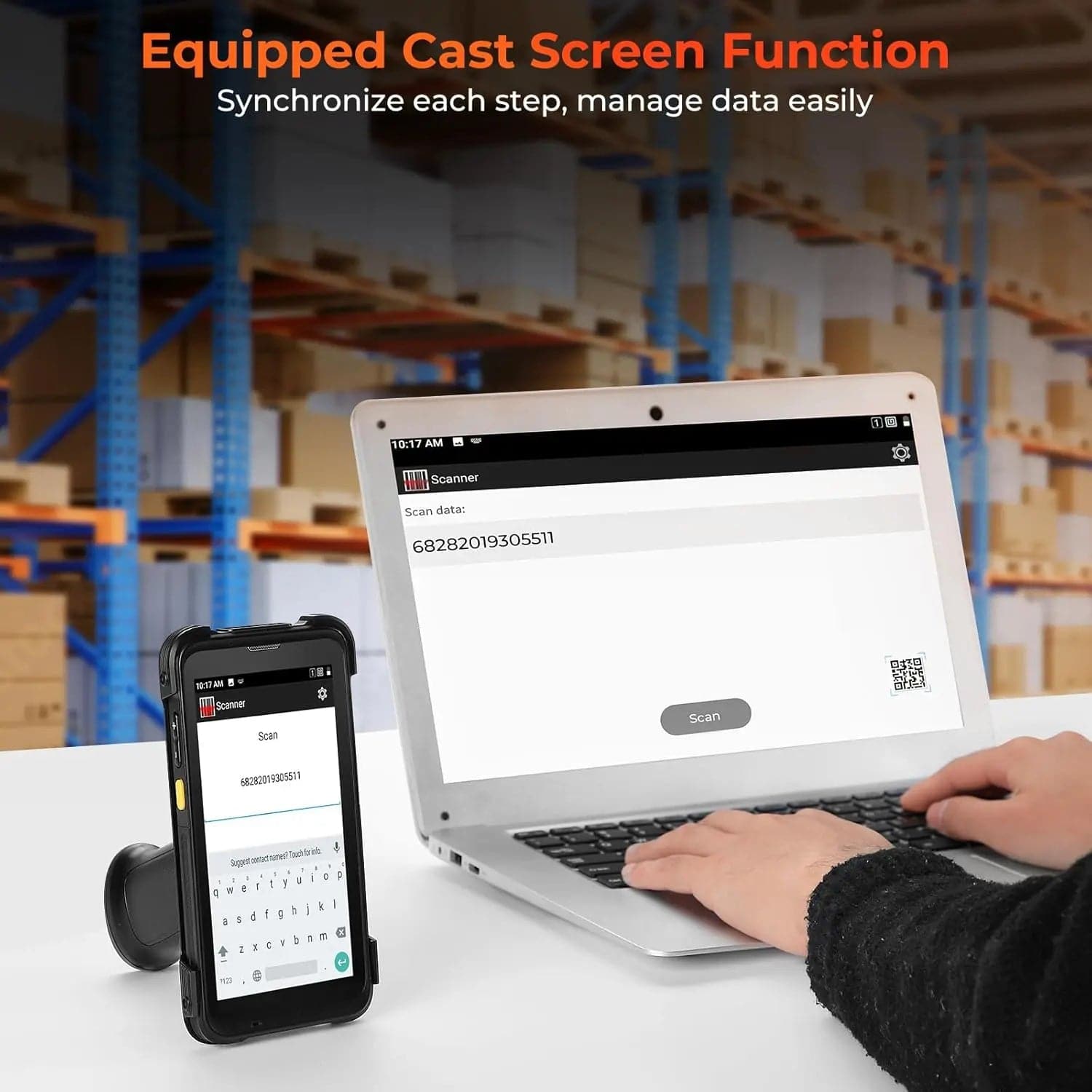 MUNBYN IPDA101P Android barcode scanner with ergonomic design and scanning window, used for retail and inventory management.
