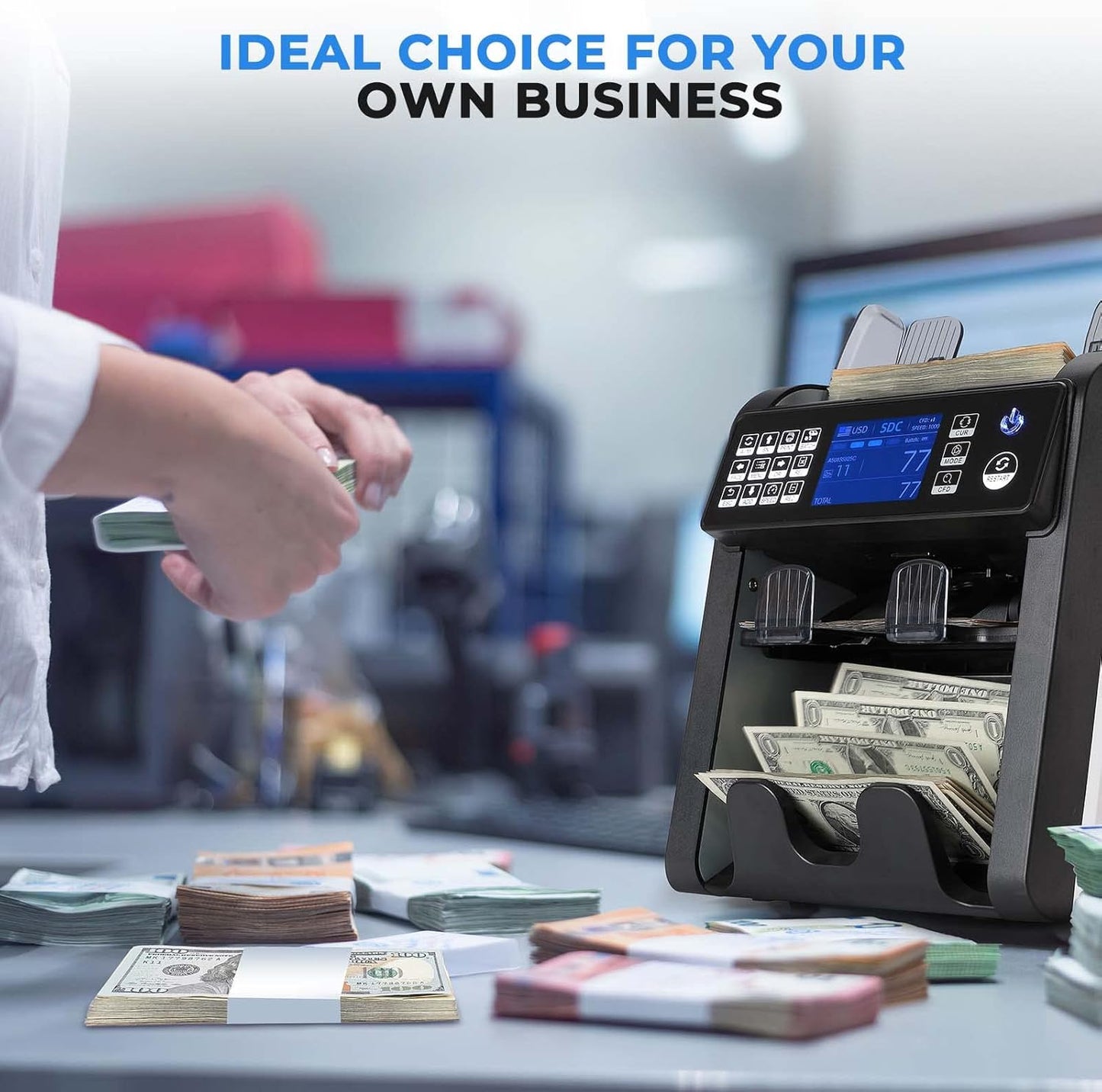 MUNBYN IMC08 Bank-Grade Money Counter: Two-Pocket Design, Mixed Denomination Counting & 12-Point Counterfeit Detection