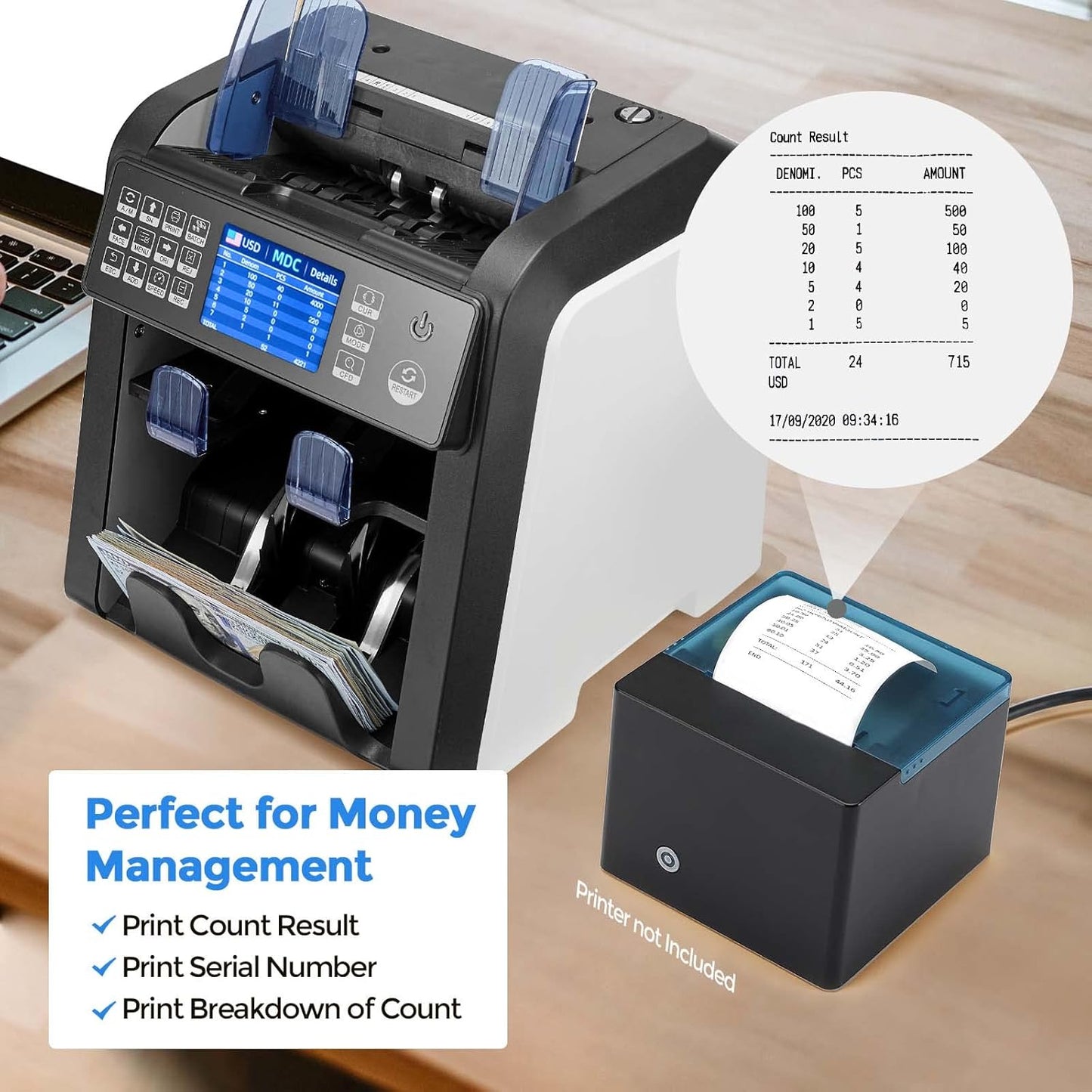 MUNBYN IMC08 Bank-Grade Money Counter: Two-Pocket Design, Mixed Denomination Counting & 12-Point Counterfeit Detection