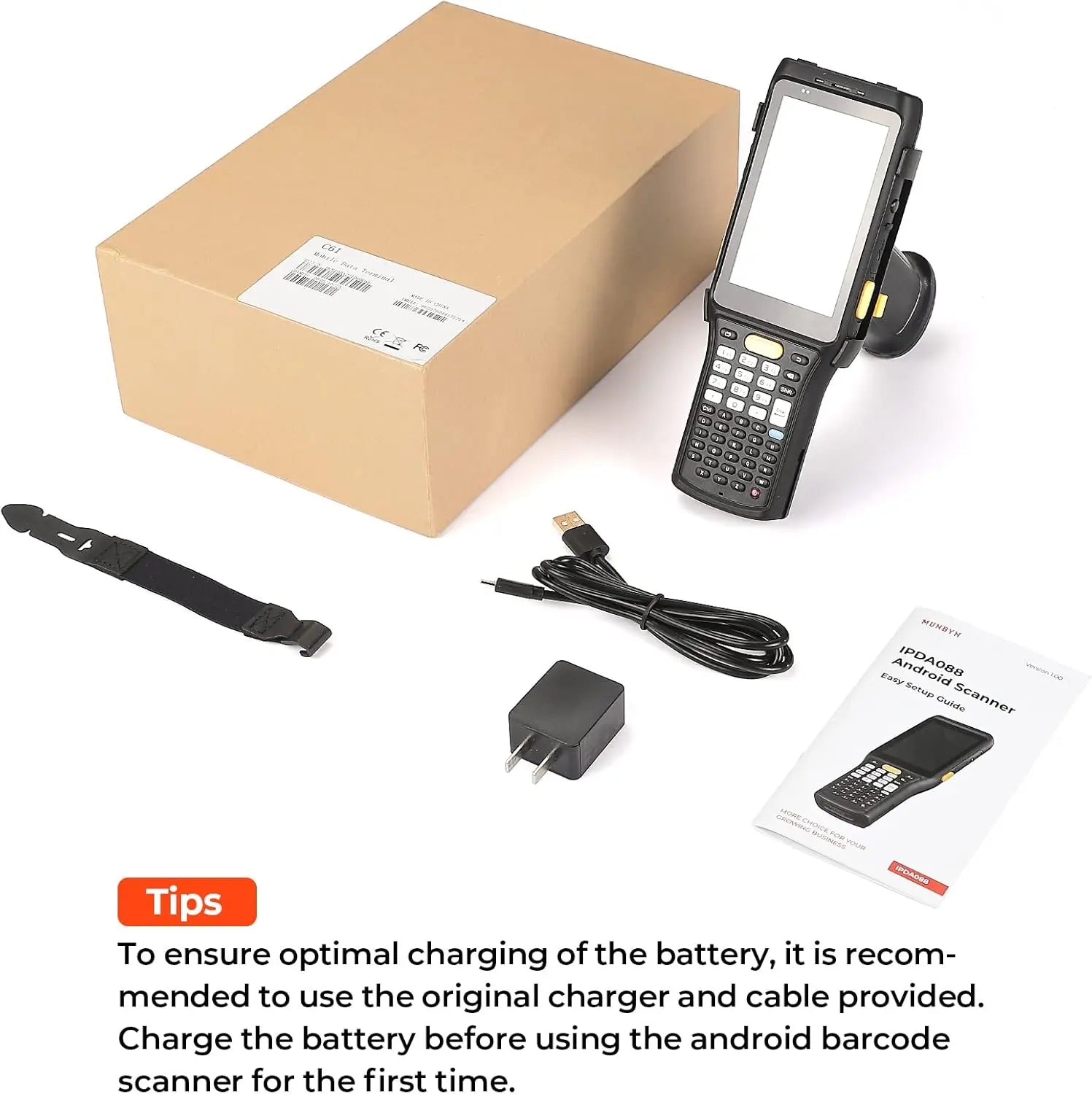 MUNBYN IPDA088P Android barcode scanner with ergonomic design and scanning window, used for retail and inventory management.