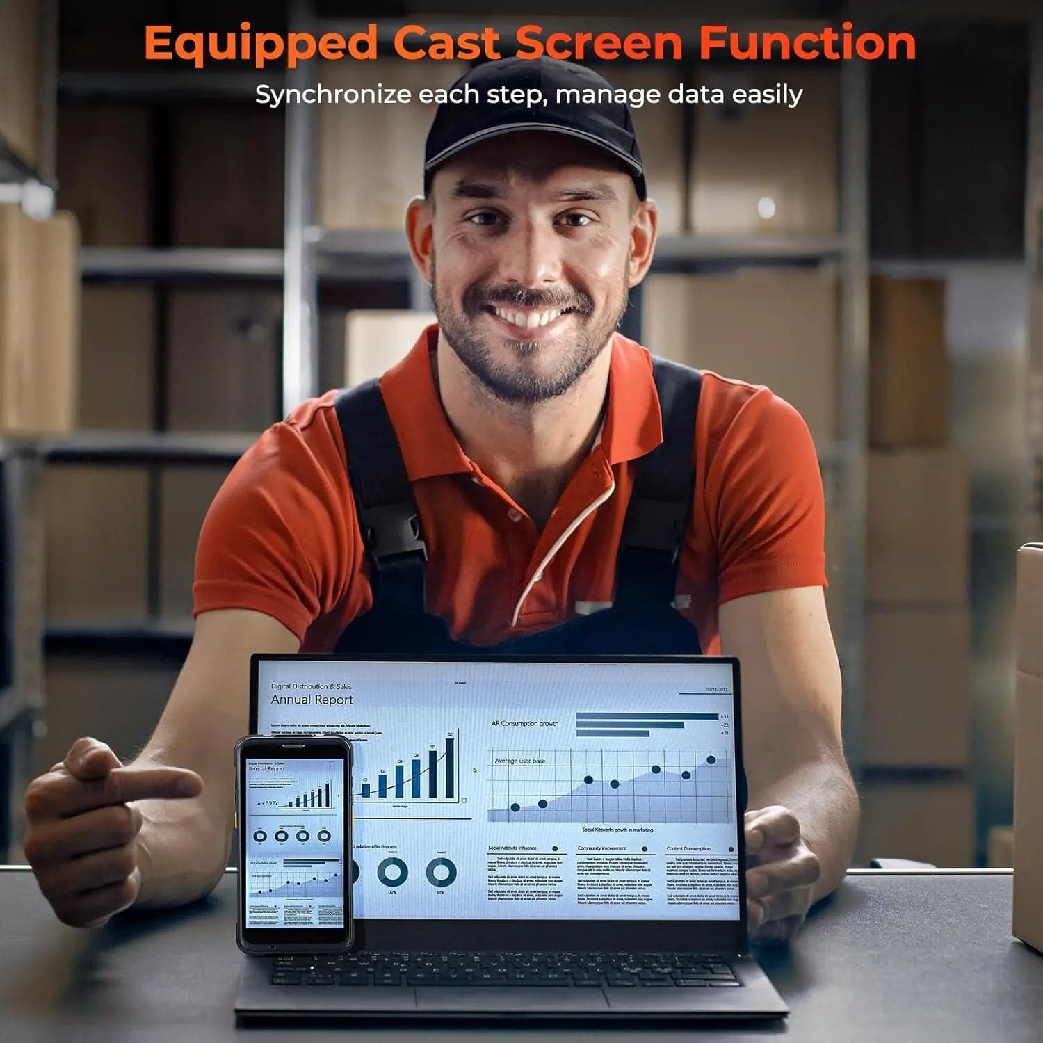 MUNBYN IPDA101 Android barcode scanner with ergonomic design and scanning window for quick barcode reading.