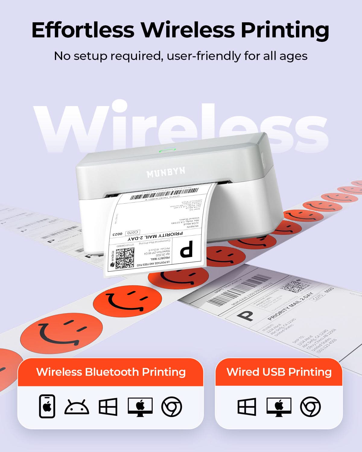 MUNBYN RealWriter 403B thermal label printer printing labels with paper roll, compact design, ideal for shipping and business use.