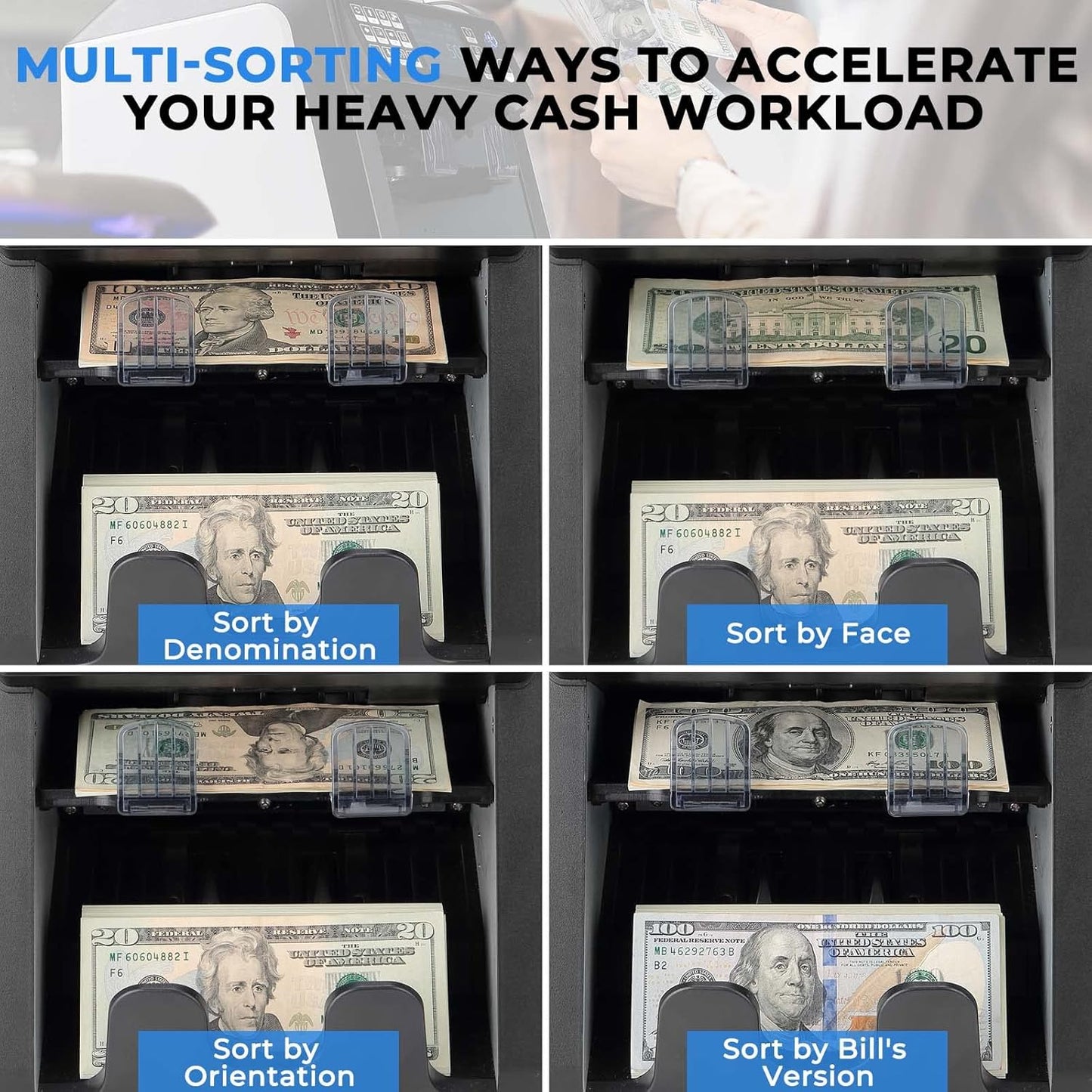 MUNBYN IMC08 Bank-Grade Money Counter: Two-Pocket Design, Mixed Denomination Counting & 12-Point Counterfeit Detection