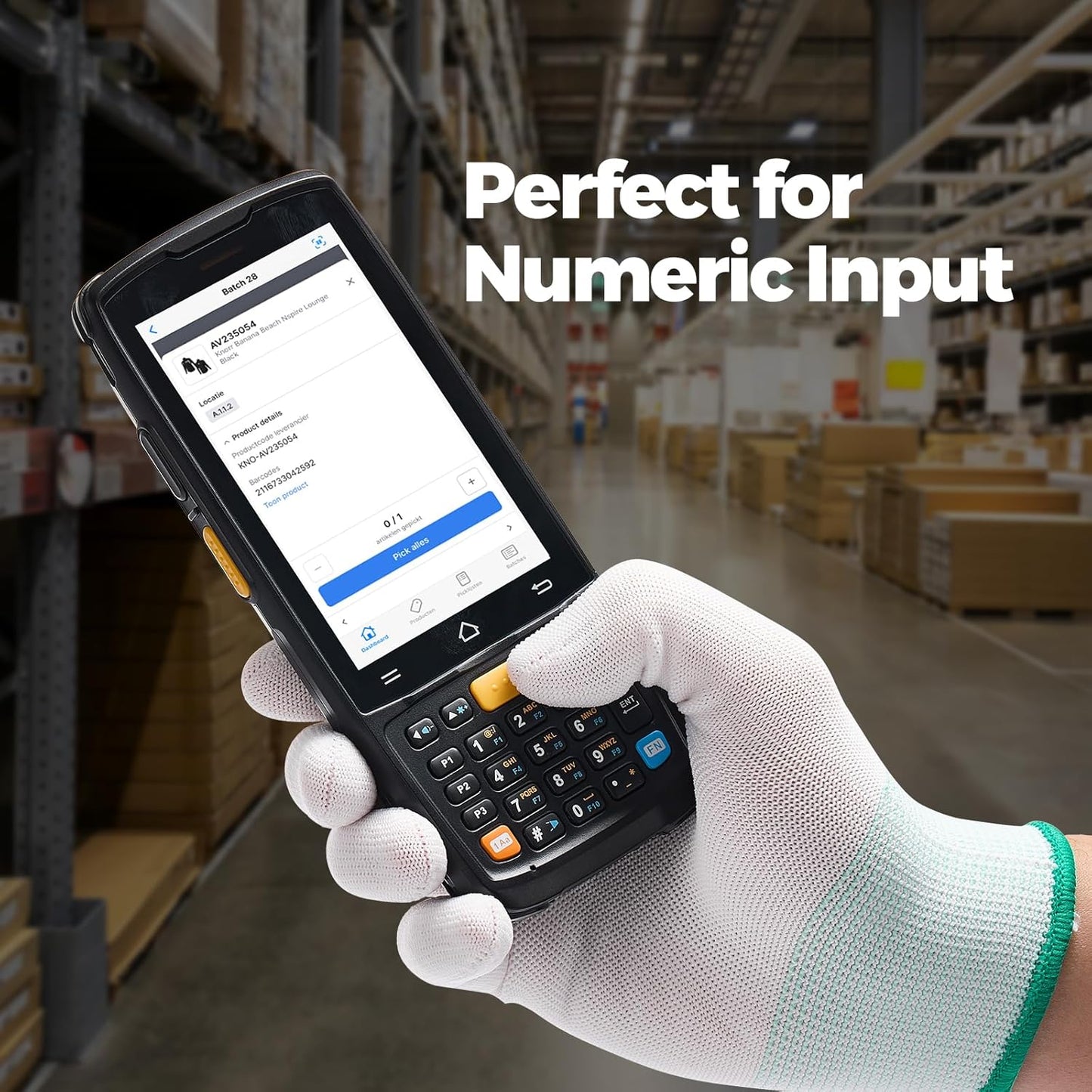 Hand holding a handheld barcode device in a warehouse setting