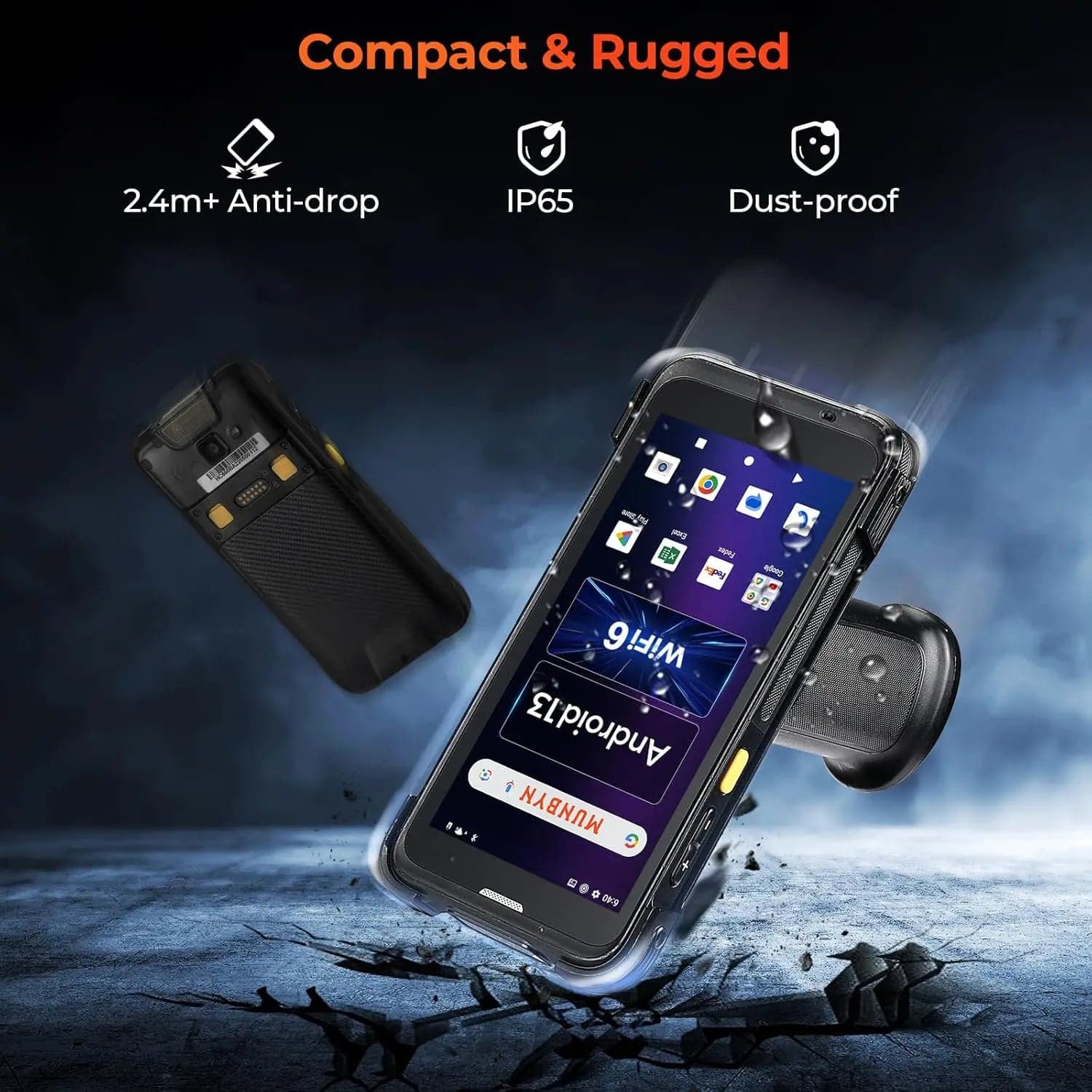 MUNBYN IPDA101P Android barcode scanner with ergonomic design and handheld style, suitable for retail and inventory management.