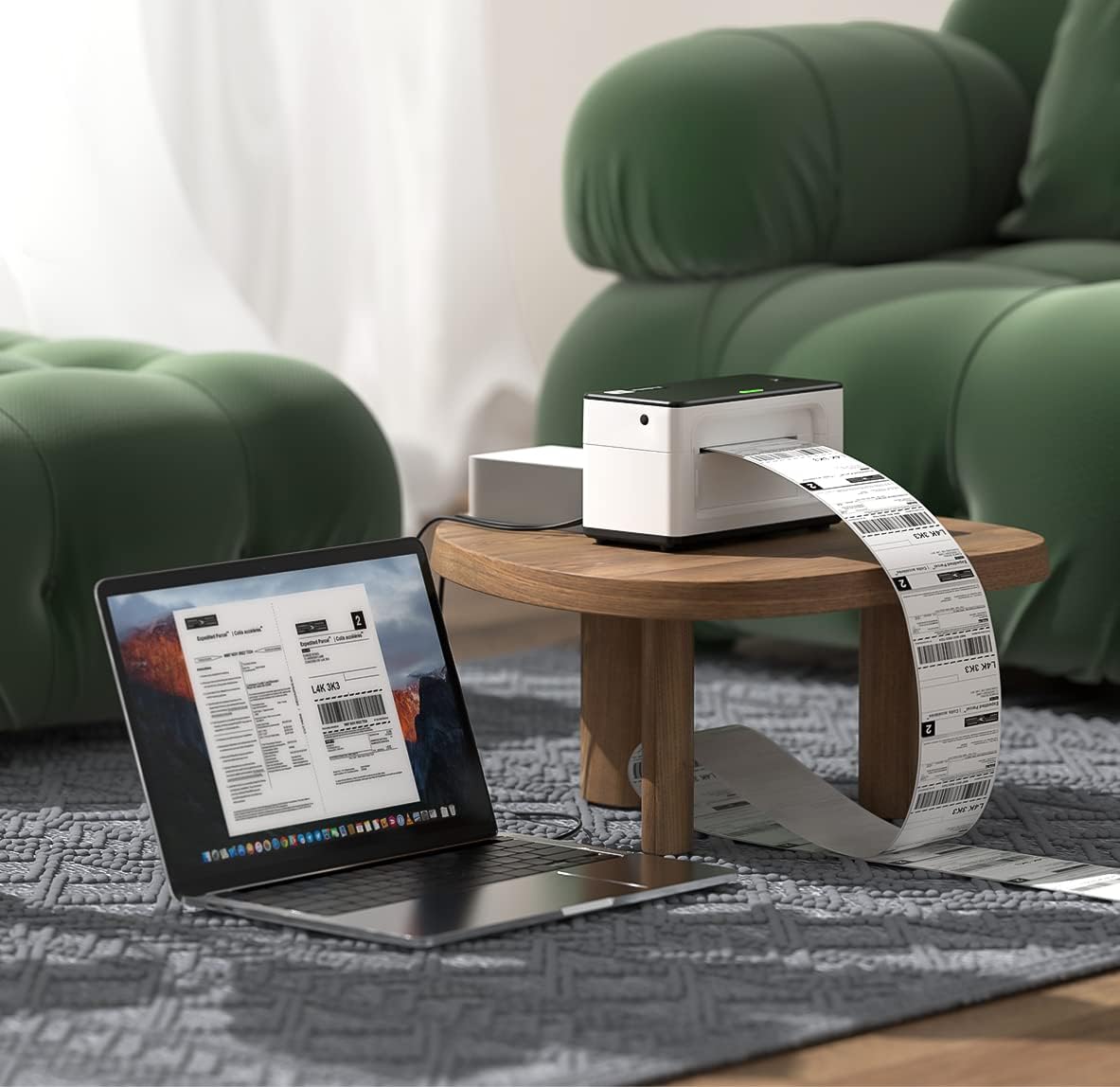MUNBYN RealWriter 941B thermal label printer with white finish, compact design, and connected to a computer for label printing.