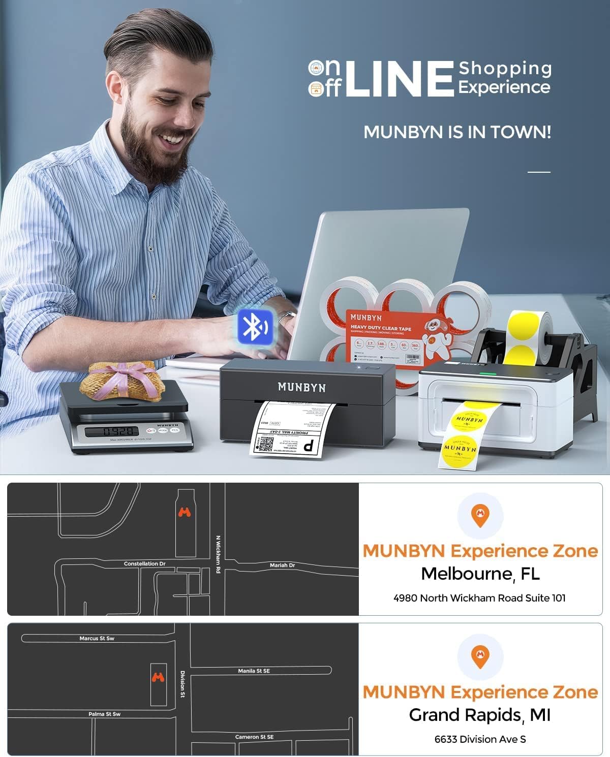 MUNBYN RealWriter 941B thermal label printer with white exterior and compact design for printing labels.