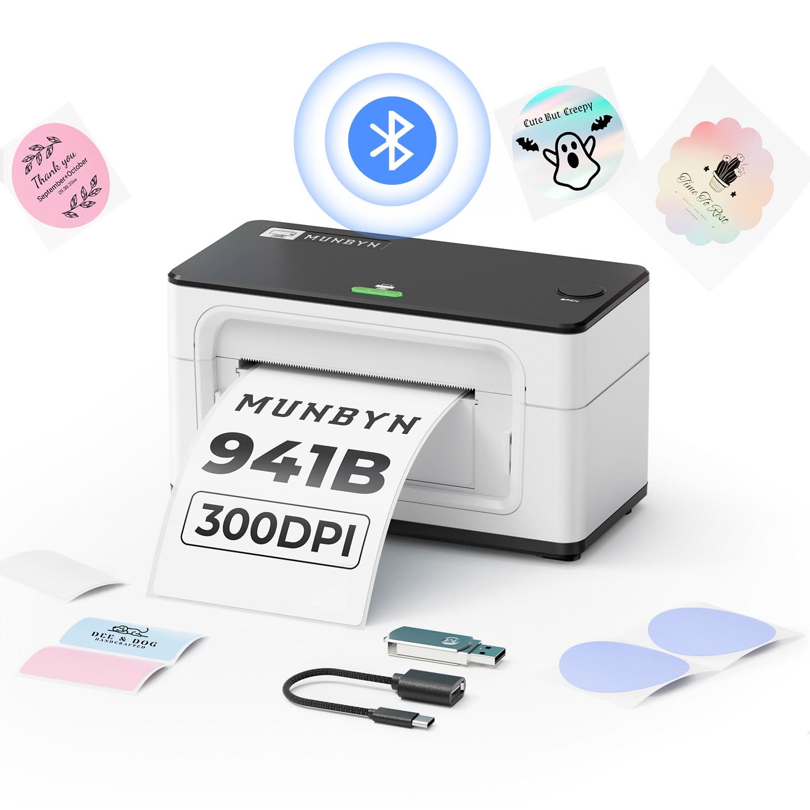 MUNBYN RealWriter 941BP thermal label printer with white design