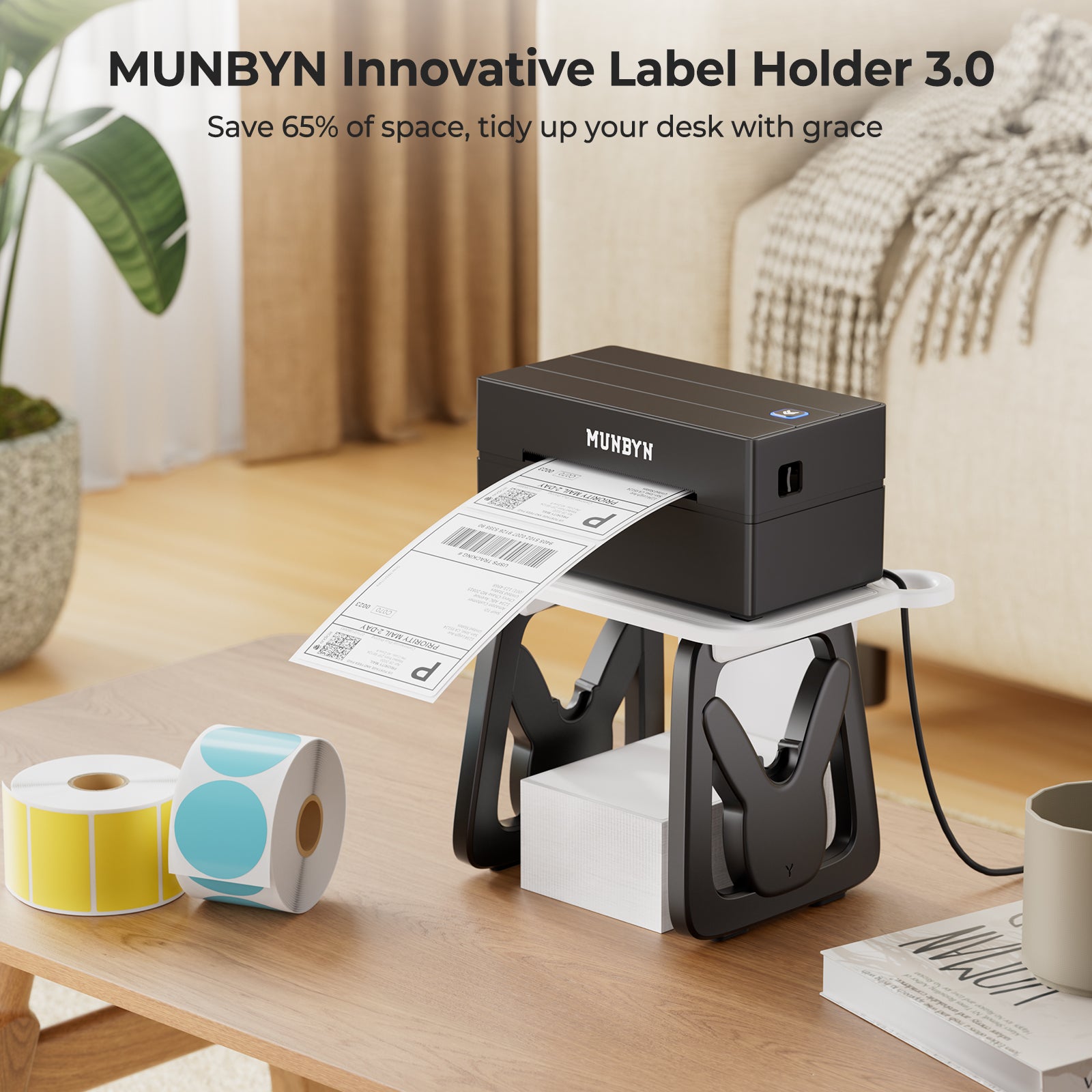 Black and white ILH02 label holder for MUNBYN label printers, shown in a close-up image of the accessory.
