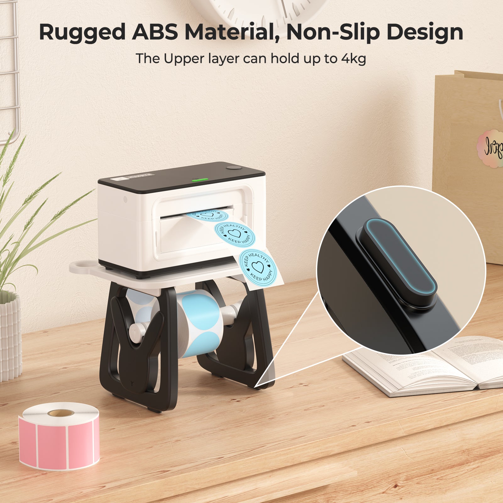 Black and white ILH02 label holder accessory for MUNBYN label printers, shown with multiple holders on a white background.