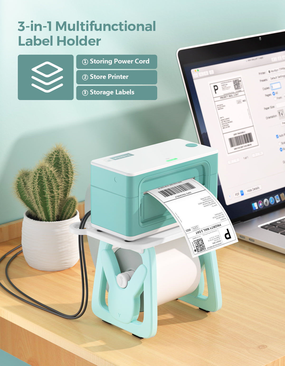 Green ILH02 Label Holder for MUNBYN label printer, shown with multiple label strips in a close-up view.