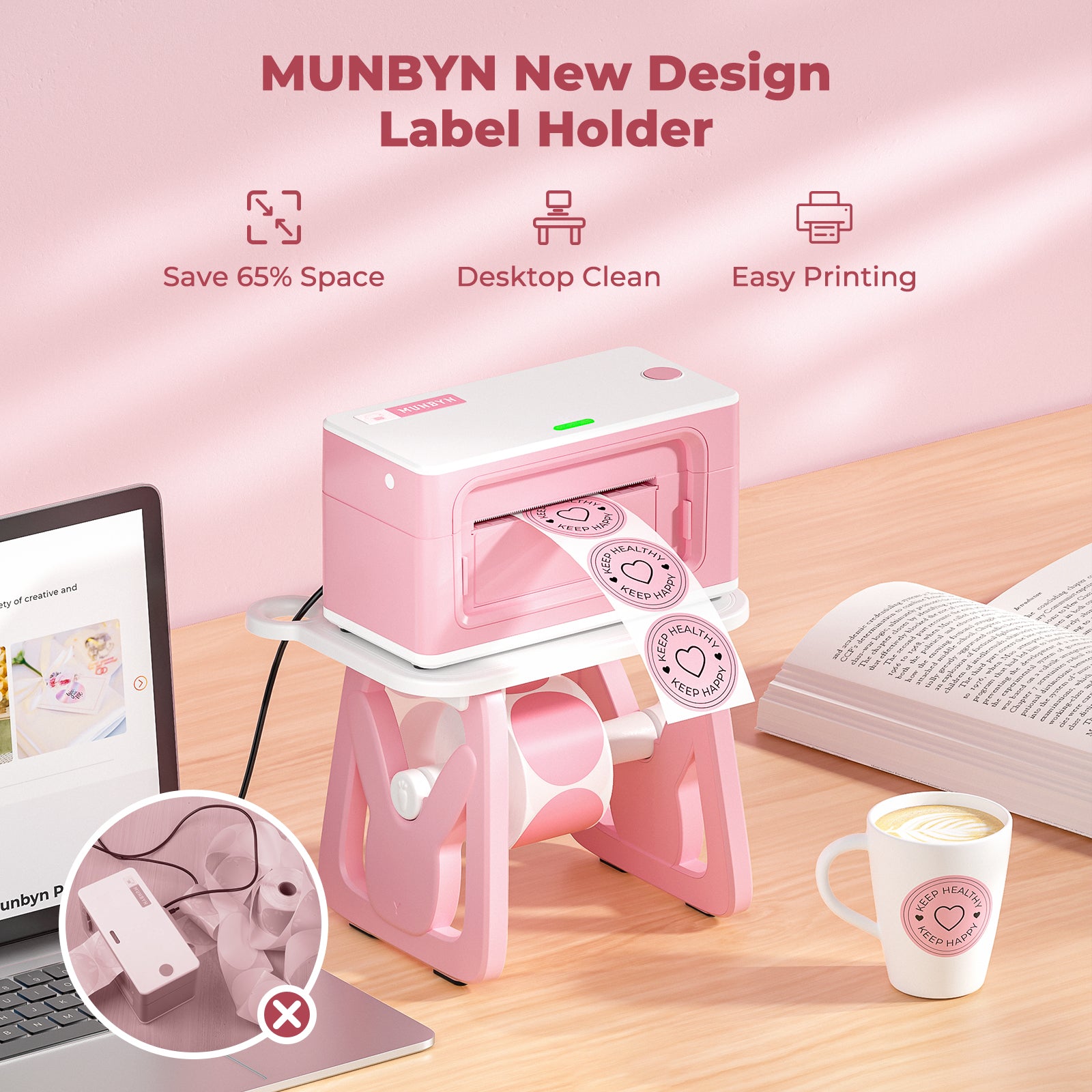 MUNBYN ILH02 label holder for label printer accessories, shown in pink with adjustable clip and label printing components.