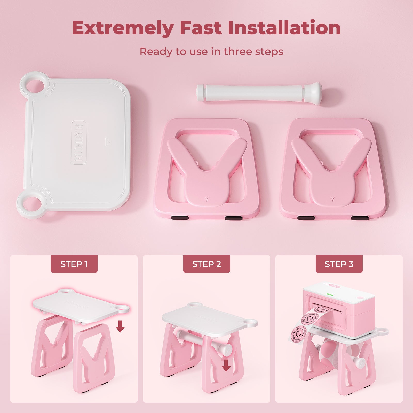Six MUNBYN ILH02 label holder accessories for label printers, showcasing clear plastic holders with adhesive backs.