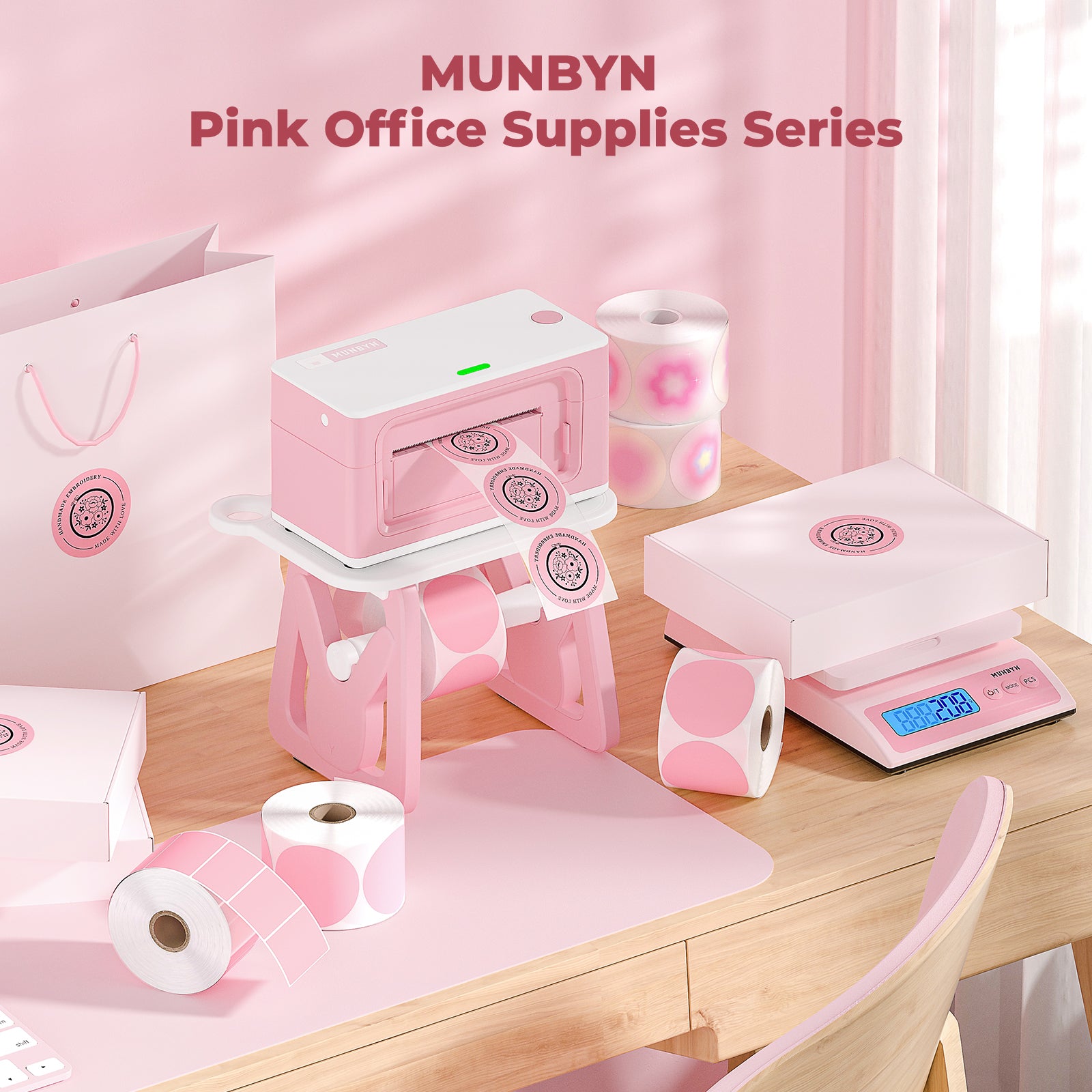 MUNBYN ILH02 label holder for label printer accessories, shown in pink with clear labeling area, designed for organizational use.