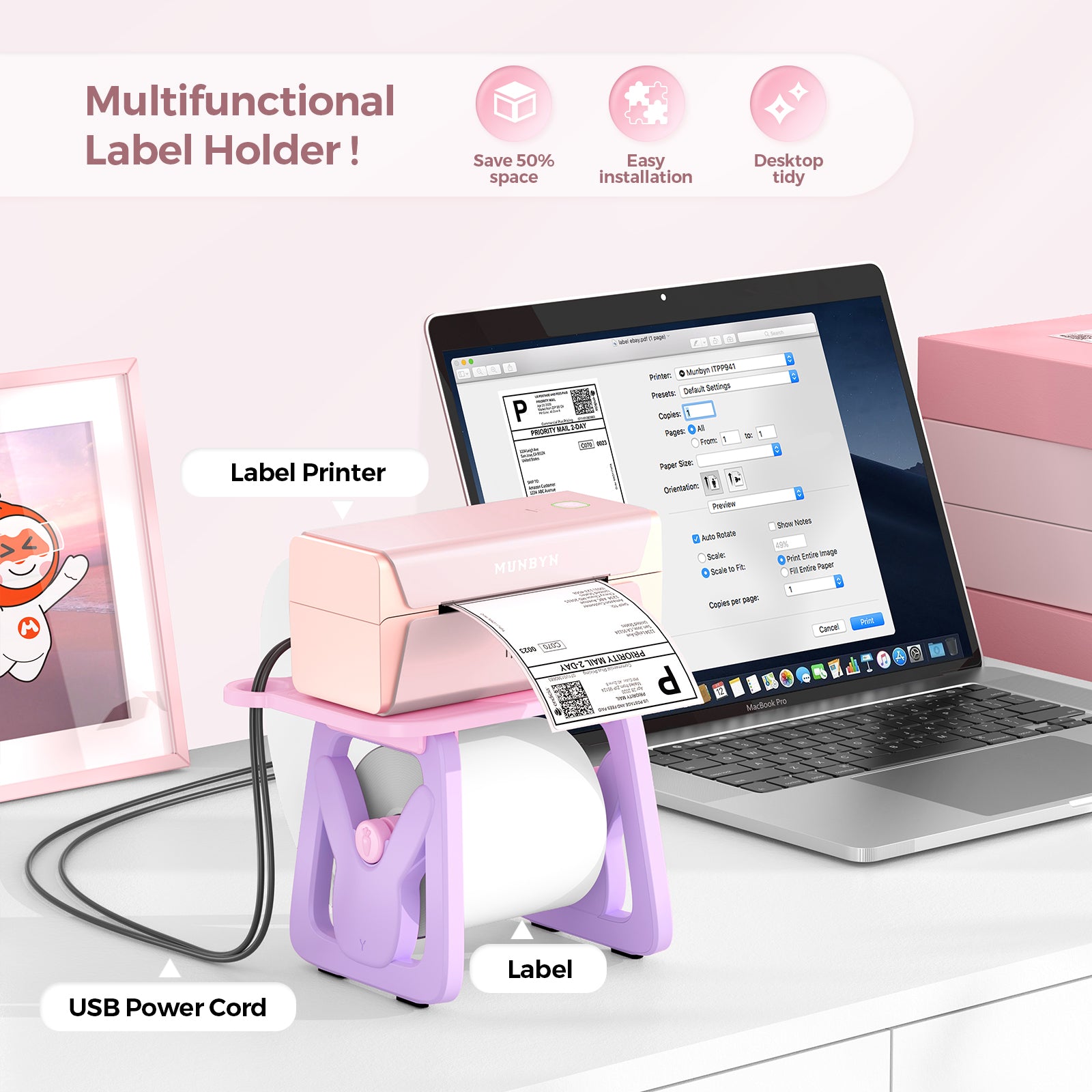 MUNBYN ILH02 label holder for label printer accessories, shown in clear view with white background and product details.