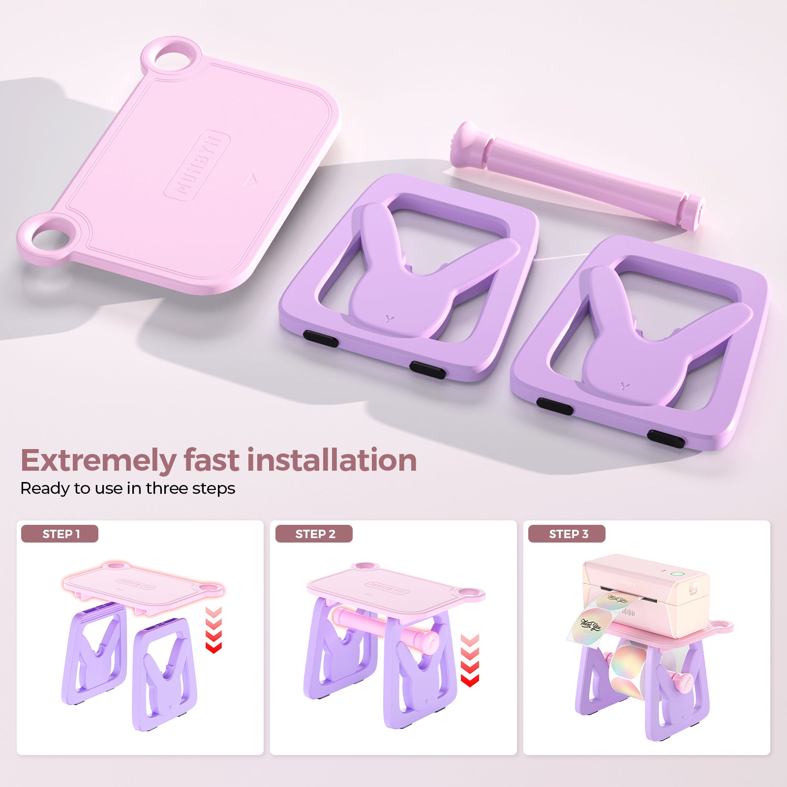 MUNBYN ILH02 label holder for label printer accessories, shown in beige with printed labels ready for use.